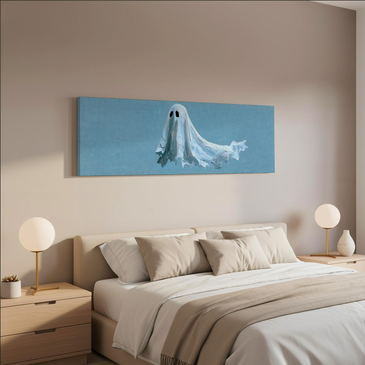 Floating ghost on blue wide panoramic canvas print above a bed in a neutral bedroom