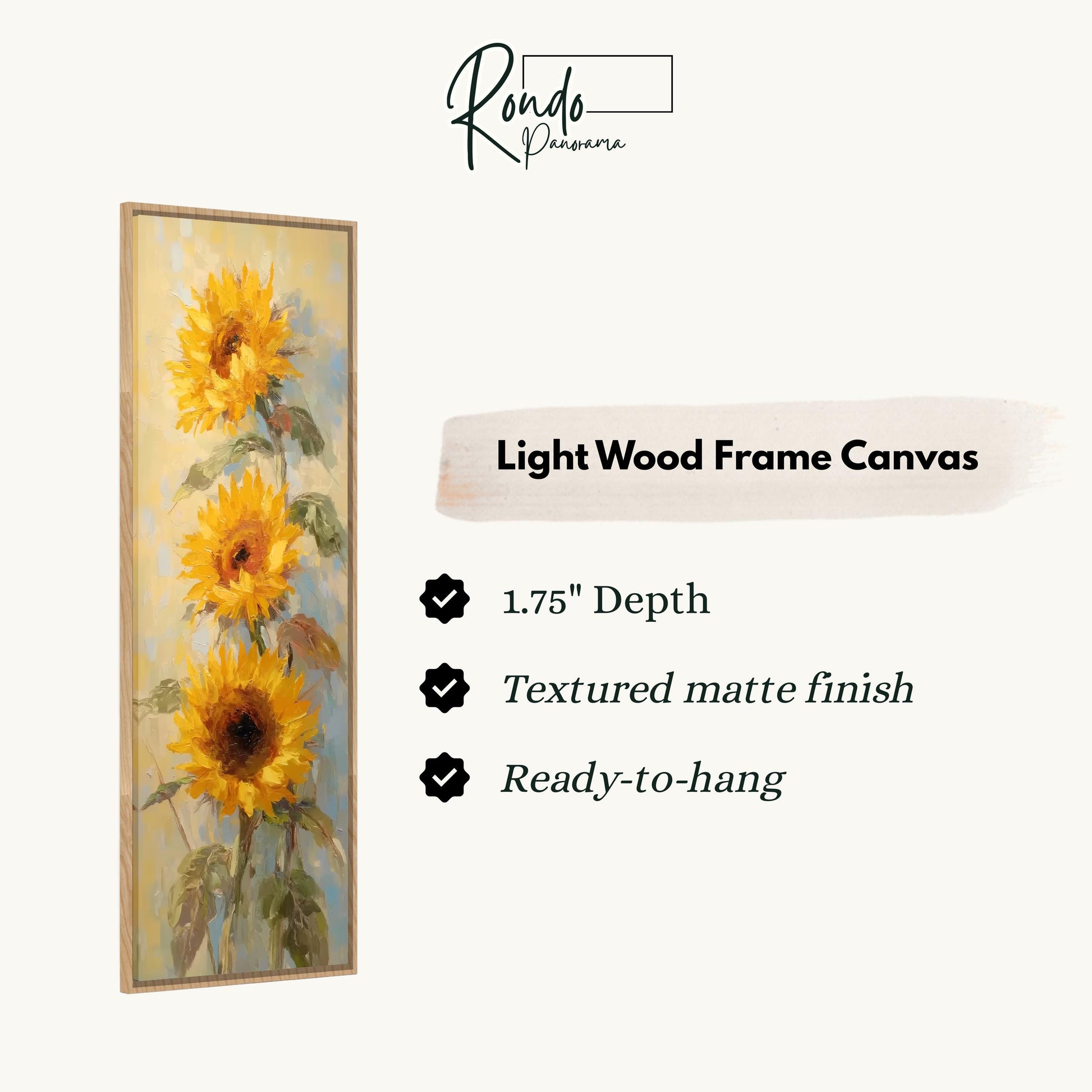 The image is a light wood frame canvas featuring a painting of three sunflowers.