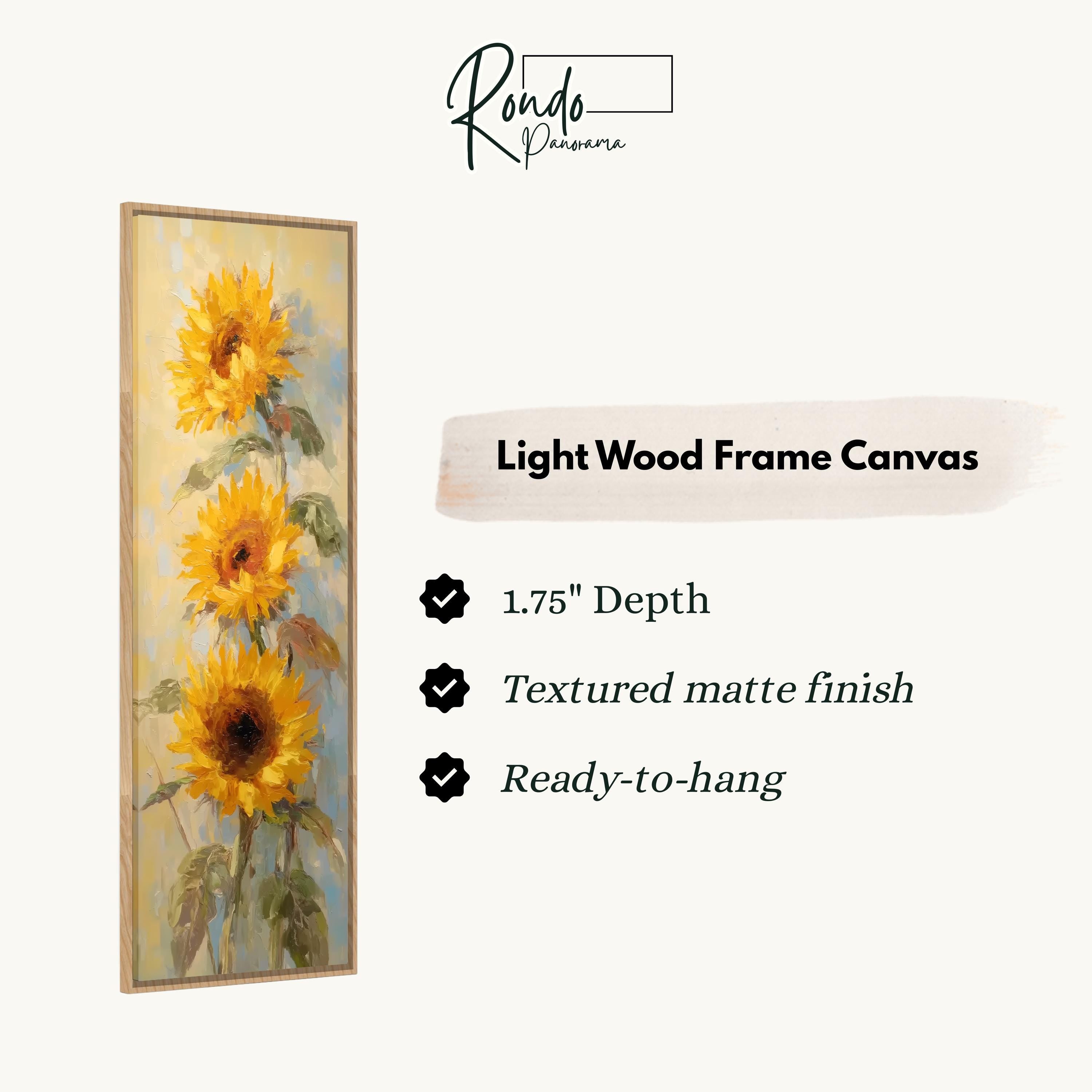 The image is a light wood frame canvas featuring a painting of three sunflowers.