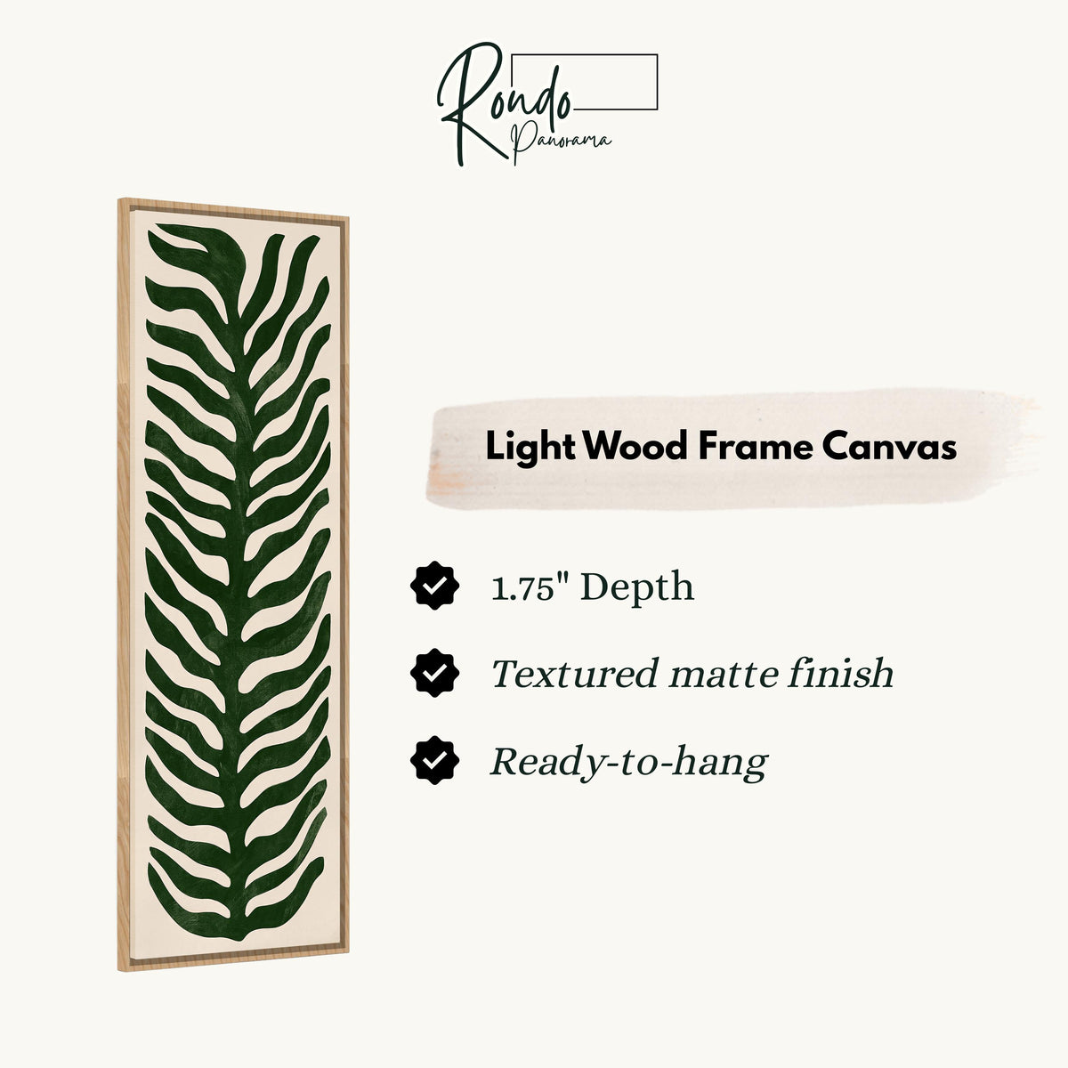Stylized dark green fern leaf canvas print in a light wood floating frame