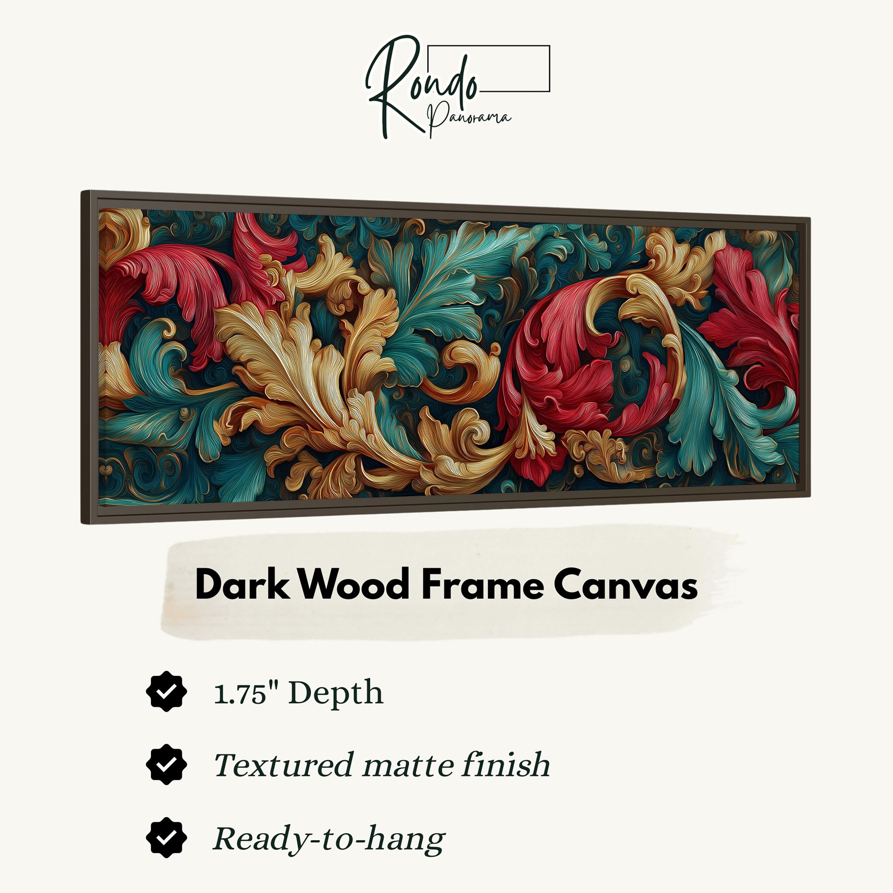 a dark wood frame canvas with a detailed, ornate floral design in shades of red, green, and gold.