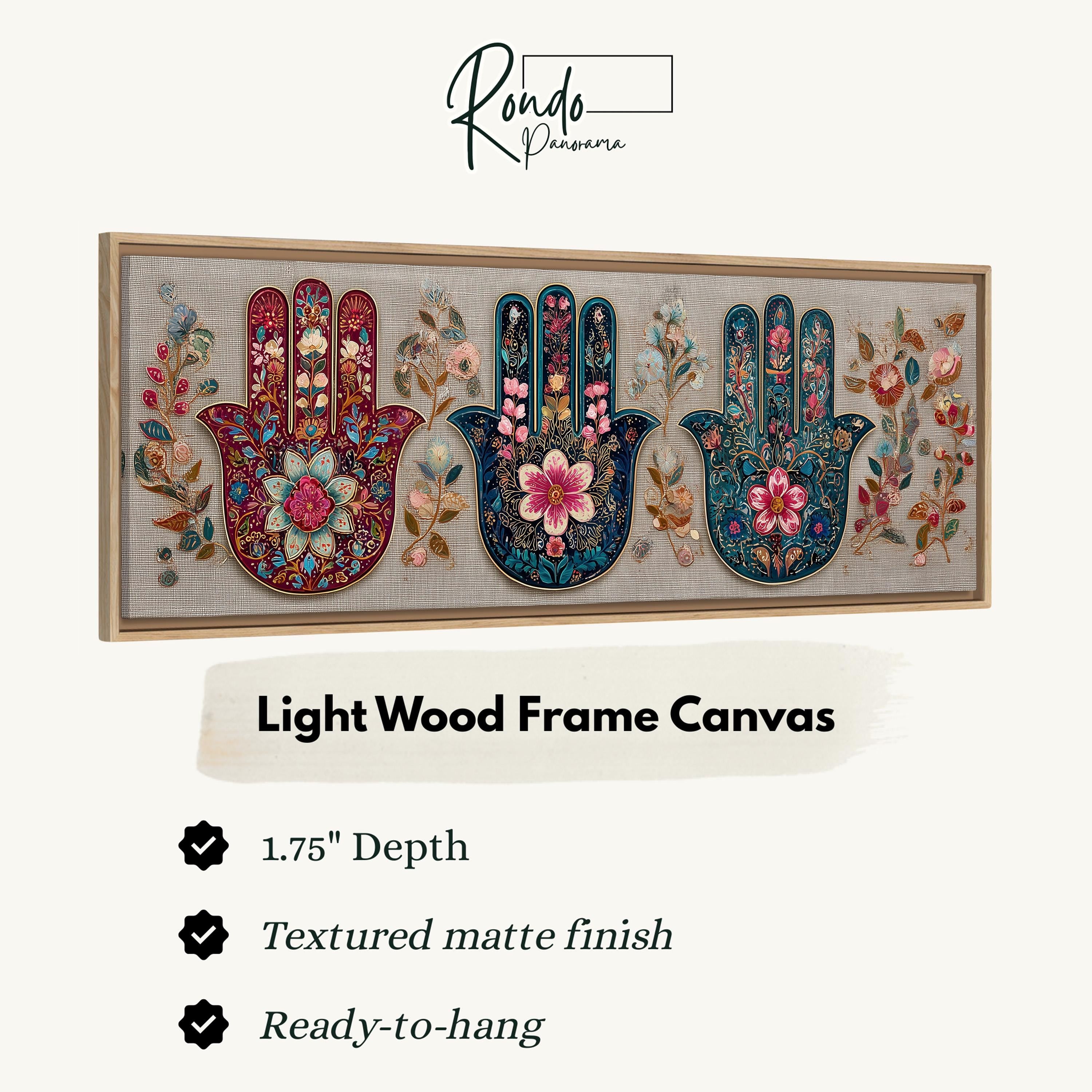 a light wood frame canvas with three hand-painted floral designs on the left, middle, and right sides.