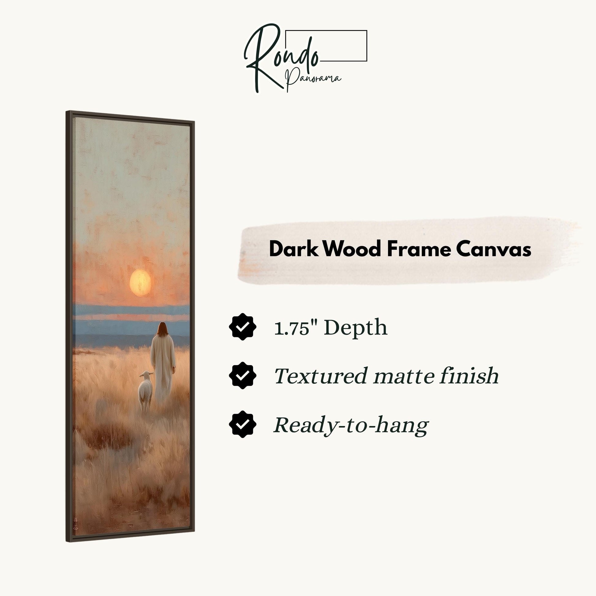 The image is a rectangular dark wood frame canvas depicting a serene landscape with a person and a dog walking in a field.