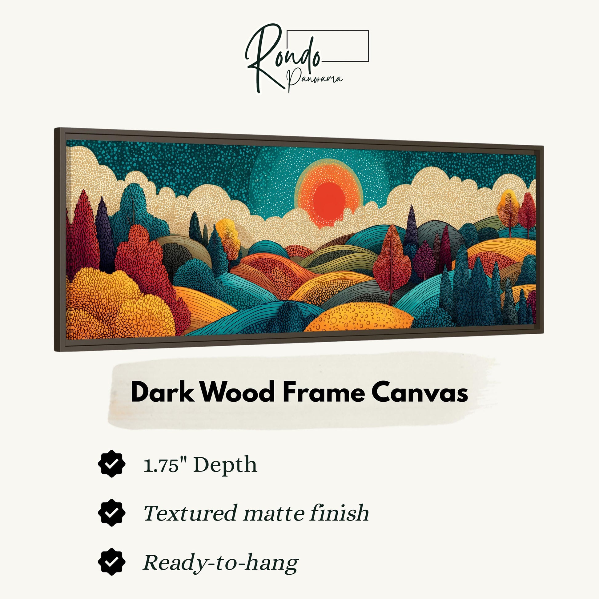 The image is a framed canvas depicting a vibrant landscape with a sunset over a field of trees and hills.