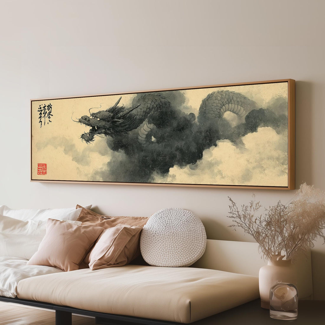 Ink dragon in the clouds long horizontal canvas print above a sofa in a living room