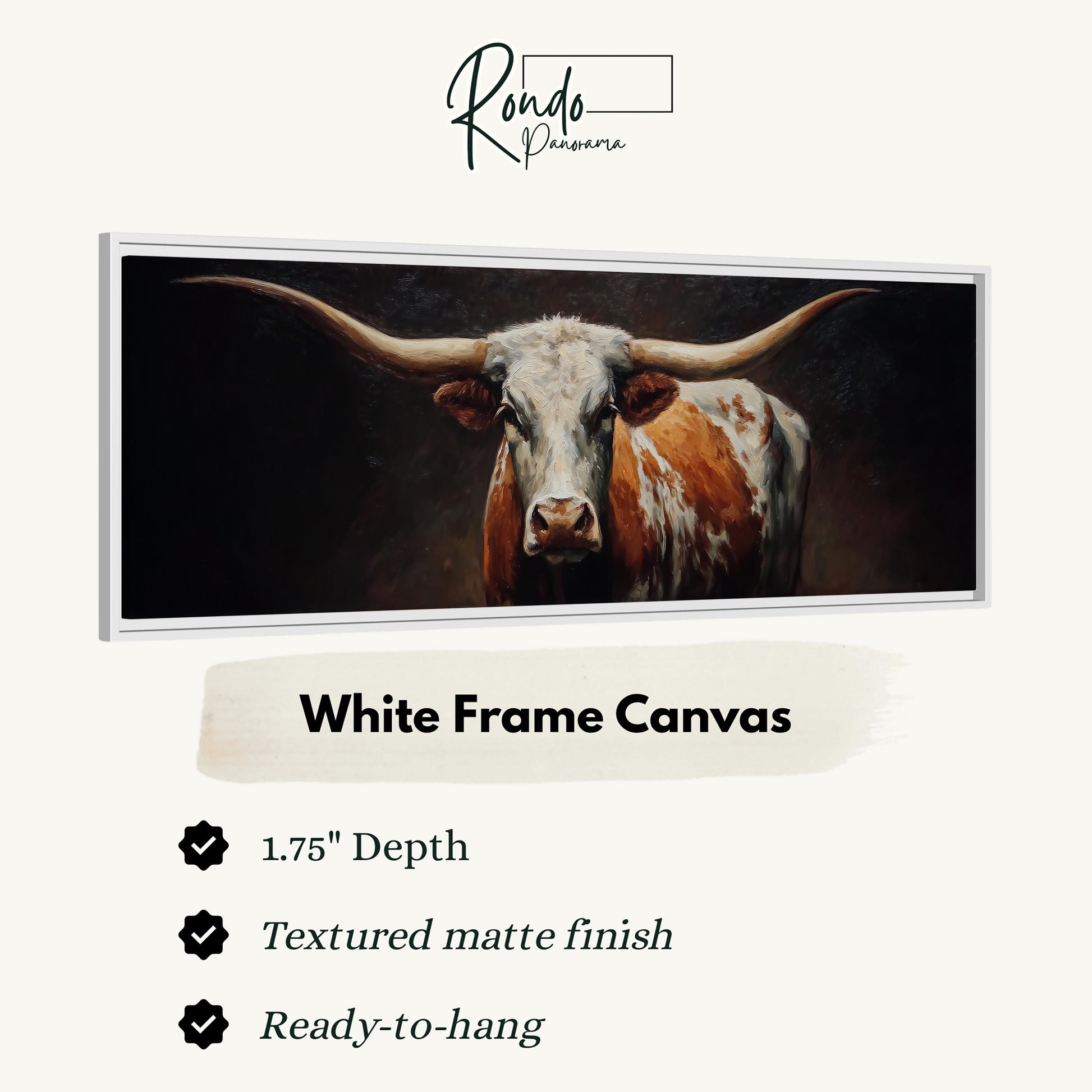 The image is a close-up of a bull with long horns, displayed in a white frame.