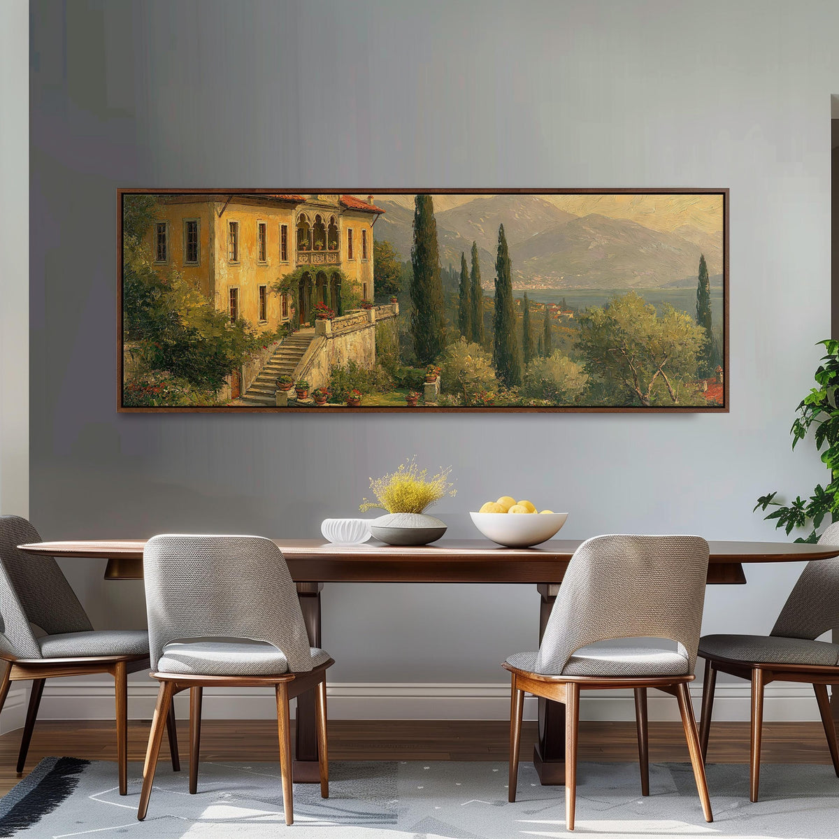 Tuscan villa among cypress hills long horizontal canvas print above a dining table