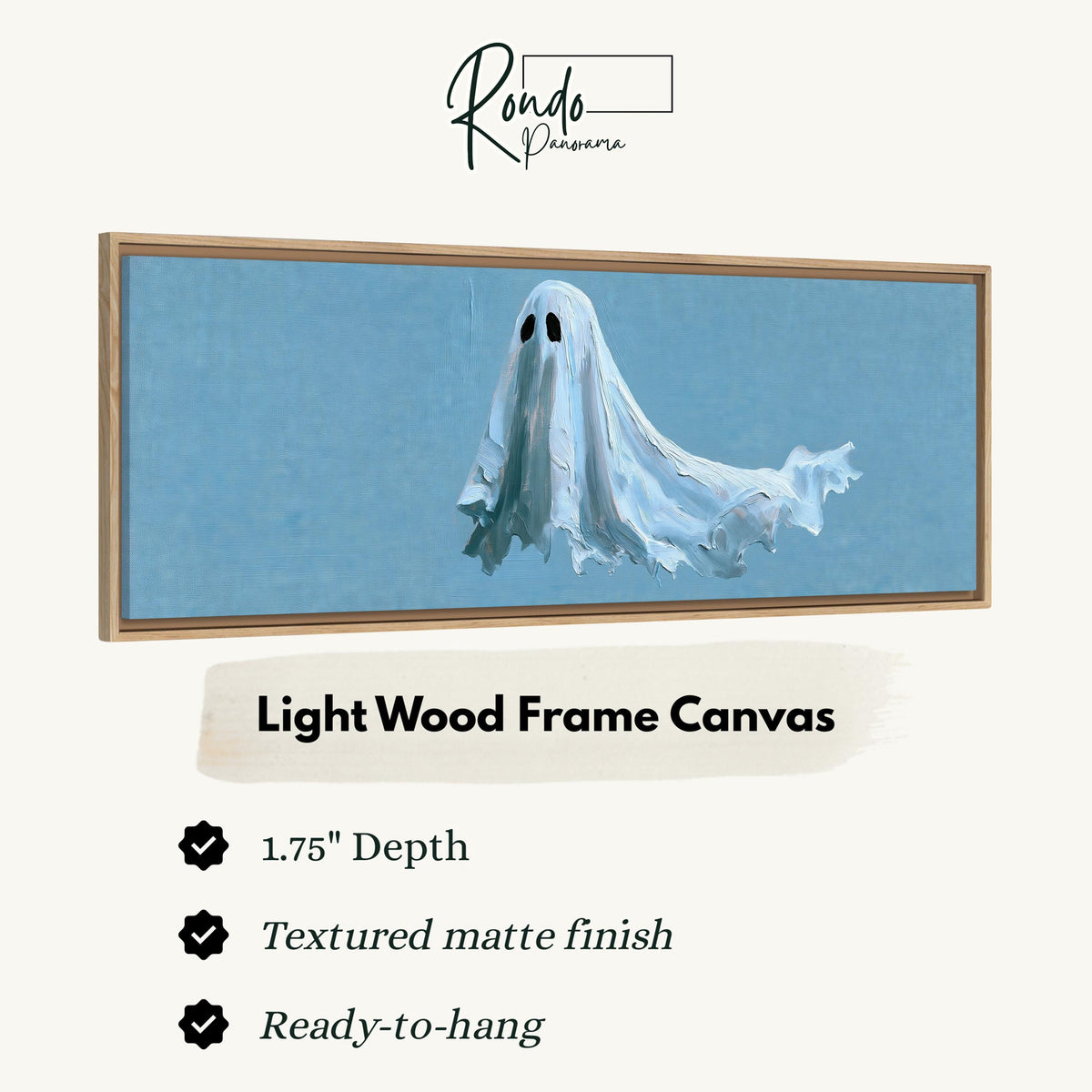 Floating ghost on blue canvas print in a light wood floating frame