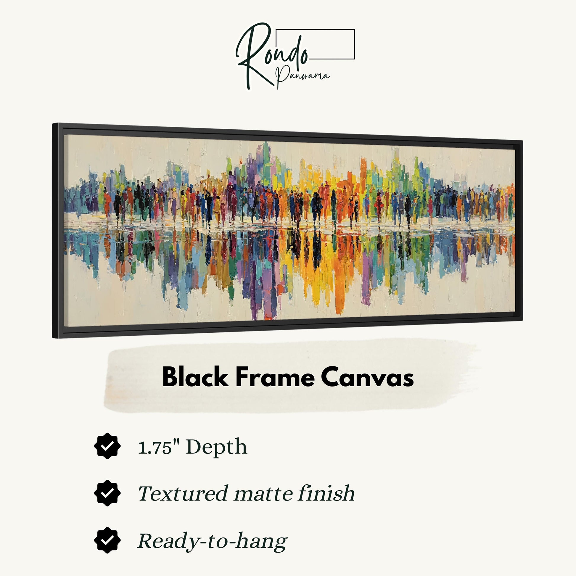 The image is a black frame canvas featuring a vibrant abstract painting of a cityscape with a reflection of the city in the water below.
