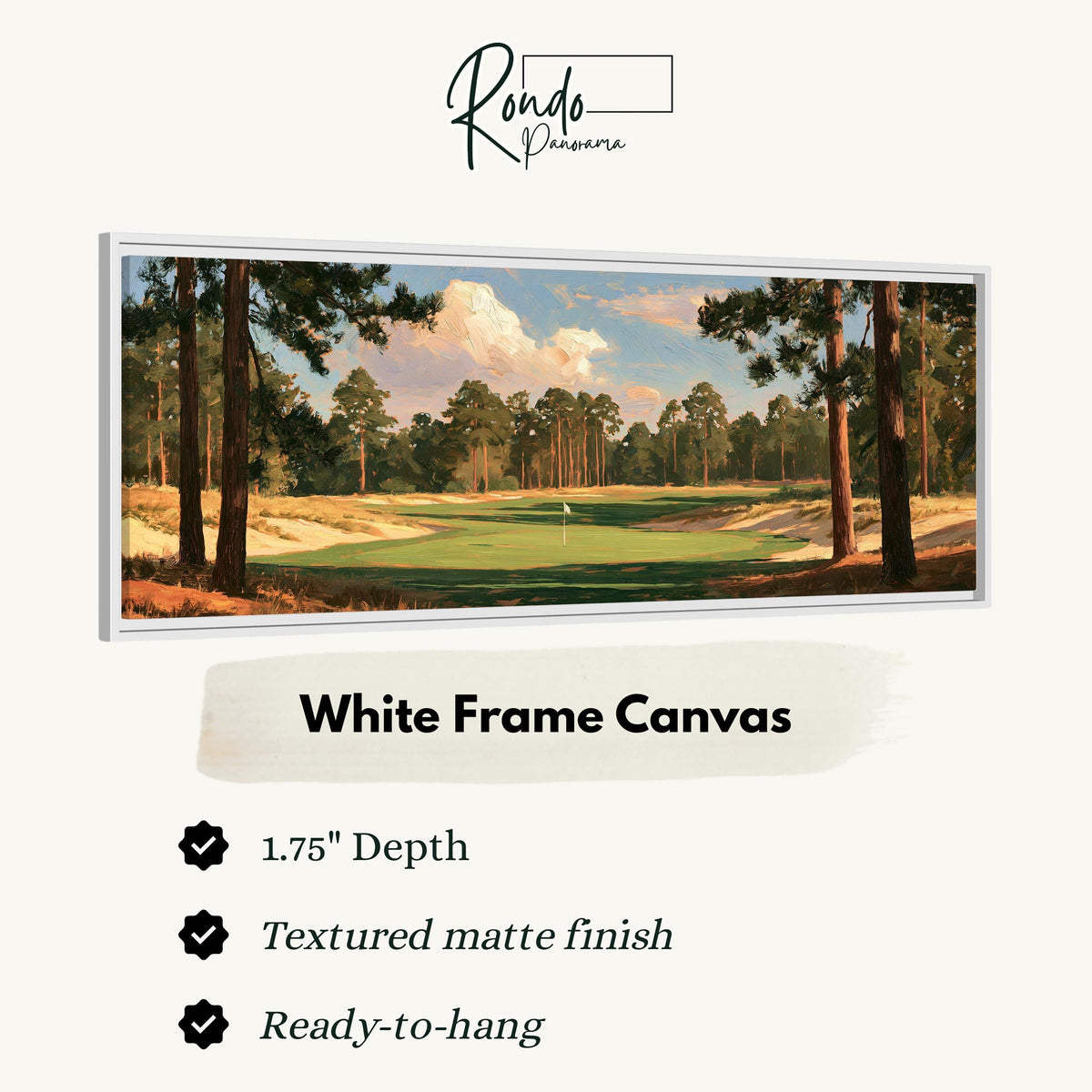 Golf fairway lined with tall pines canvas print in a white floating frame