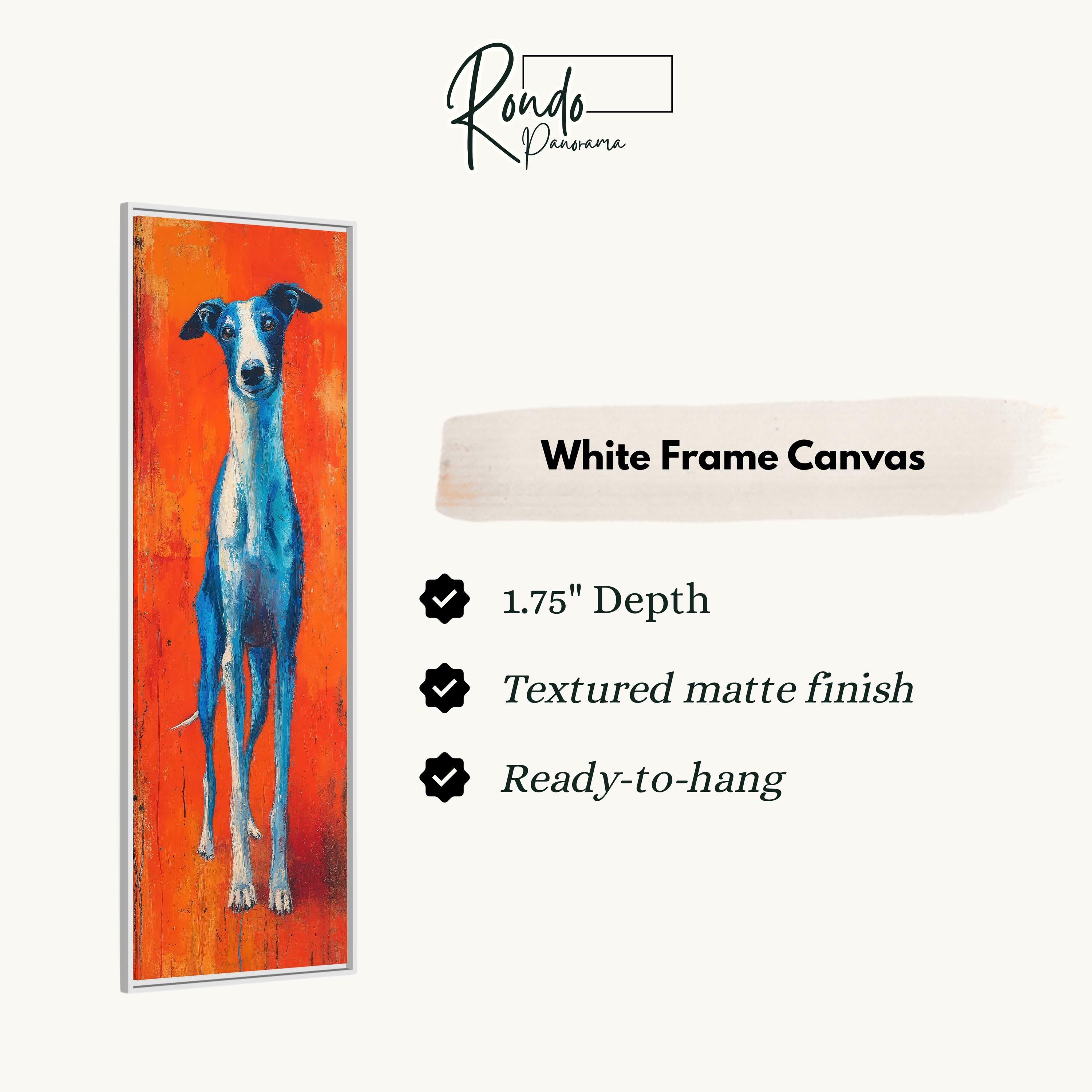 The image is a white frame canvas featuring a painting of a blue and white dog.