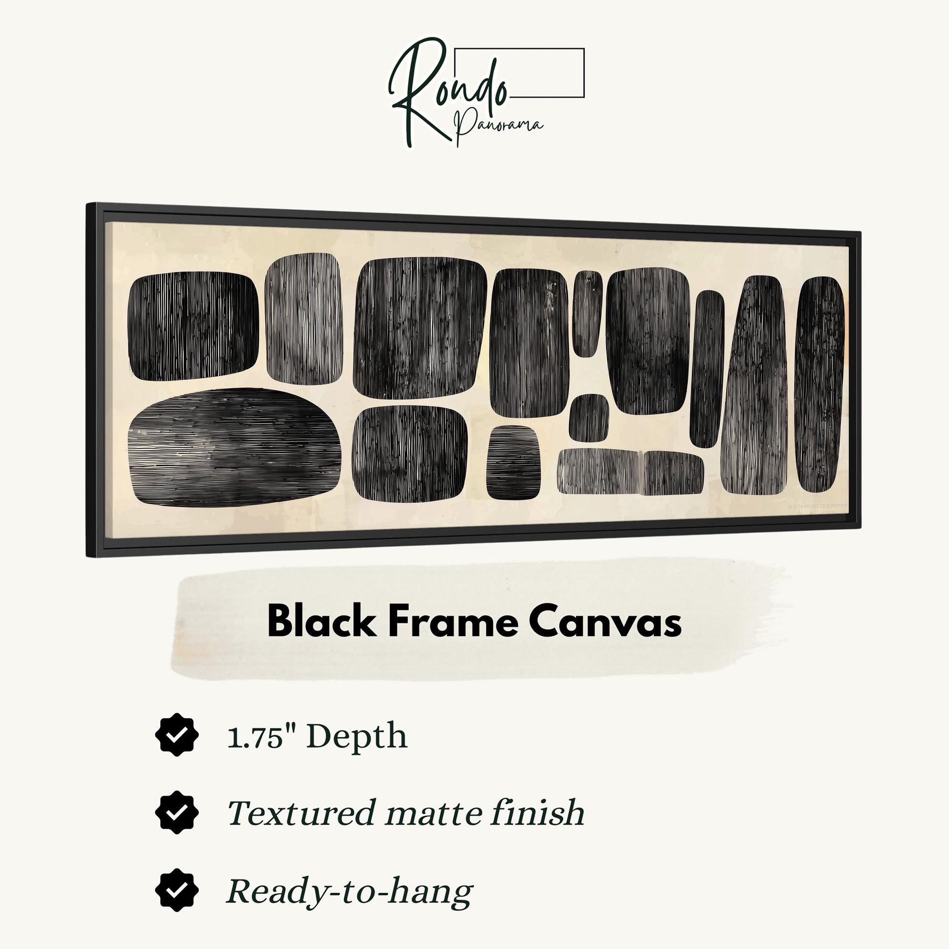 The image is a black frame canvas with a textured matte finish, measuring 1.75" in depth. It is ready to hang and has a textured matte finish.