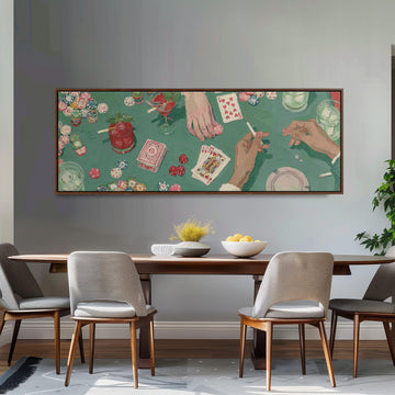 Vintage card game on green felt long horizontal canvas print above a sofa in a living room