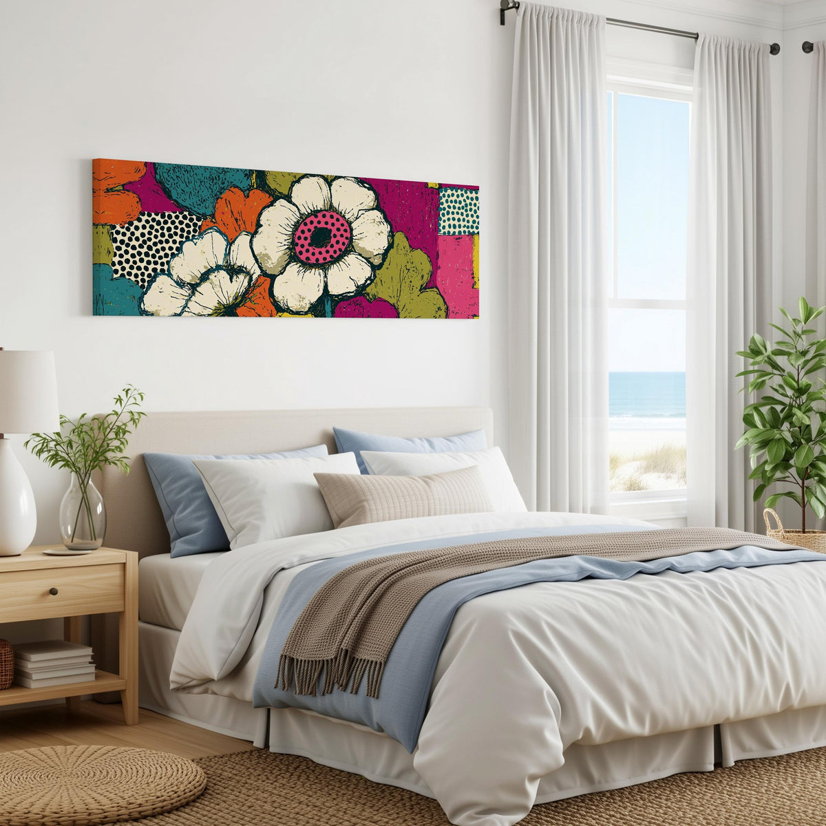 Bold pop blossoms panoramic canvas print above a bed in a coastal bedroom