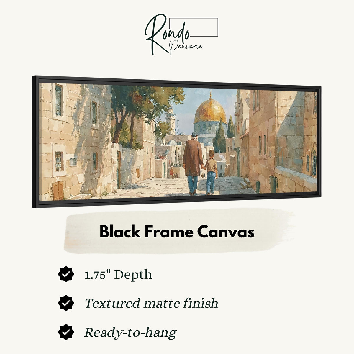 Jerusalem old city street with the golden dome canvas print in a black floating frame