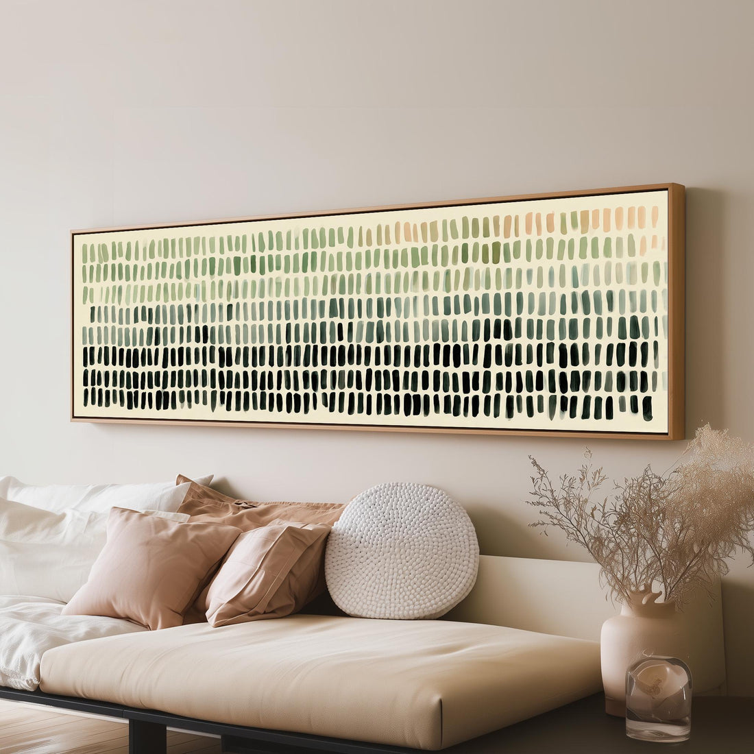 Brushmark dashes fading from sage to charcoal long horizontal canvas print above a sofa in a living room
