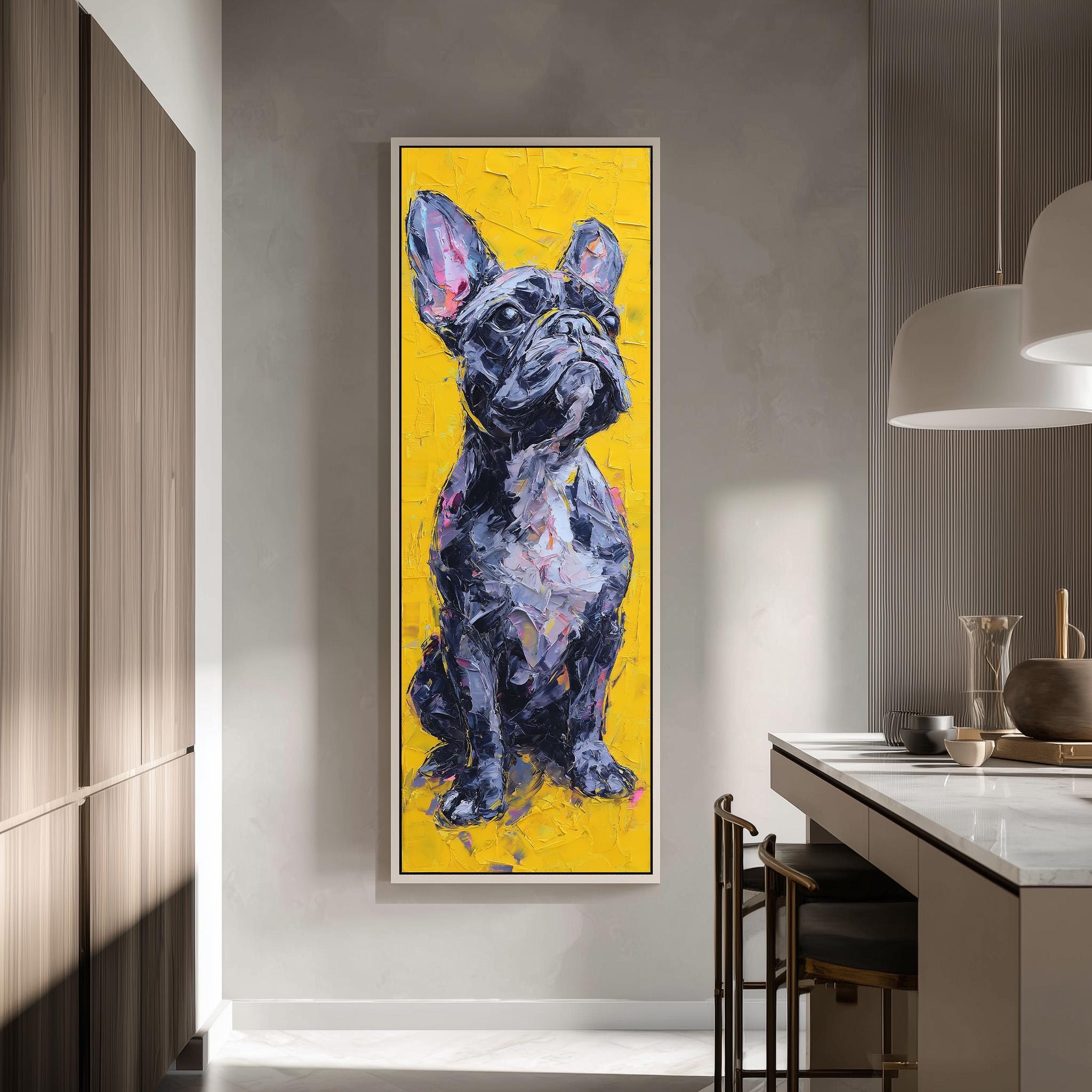 a large, colorful painting of a dog, specifically a French Bulldog, hanging on a wall in a modern kitchen.