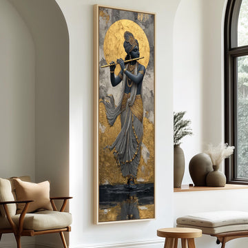 a large painting of a man playing a flute, which is hanging on a wall in a room with a wooden chair and a small table.
