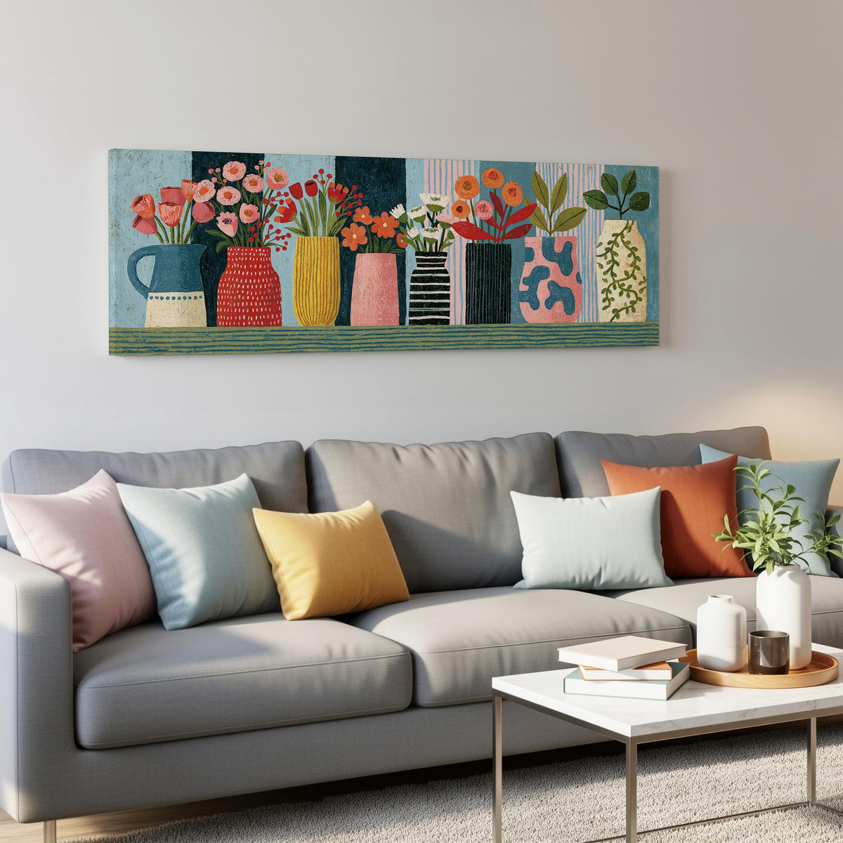 Row of folk art flower vases panoramic canvas print above a grey sofa in a living room
