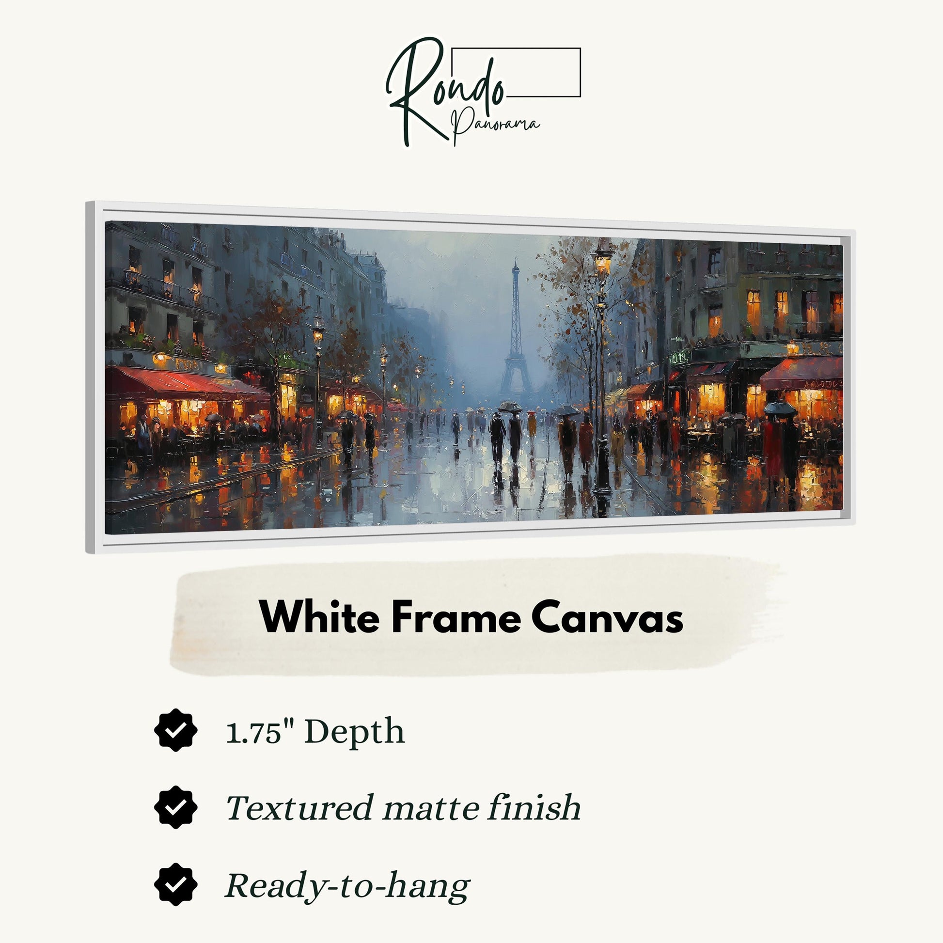 The image is a white frame canvas depicting a rainy city street scene with people walking and buildings illuminated by streetlights.