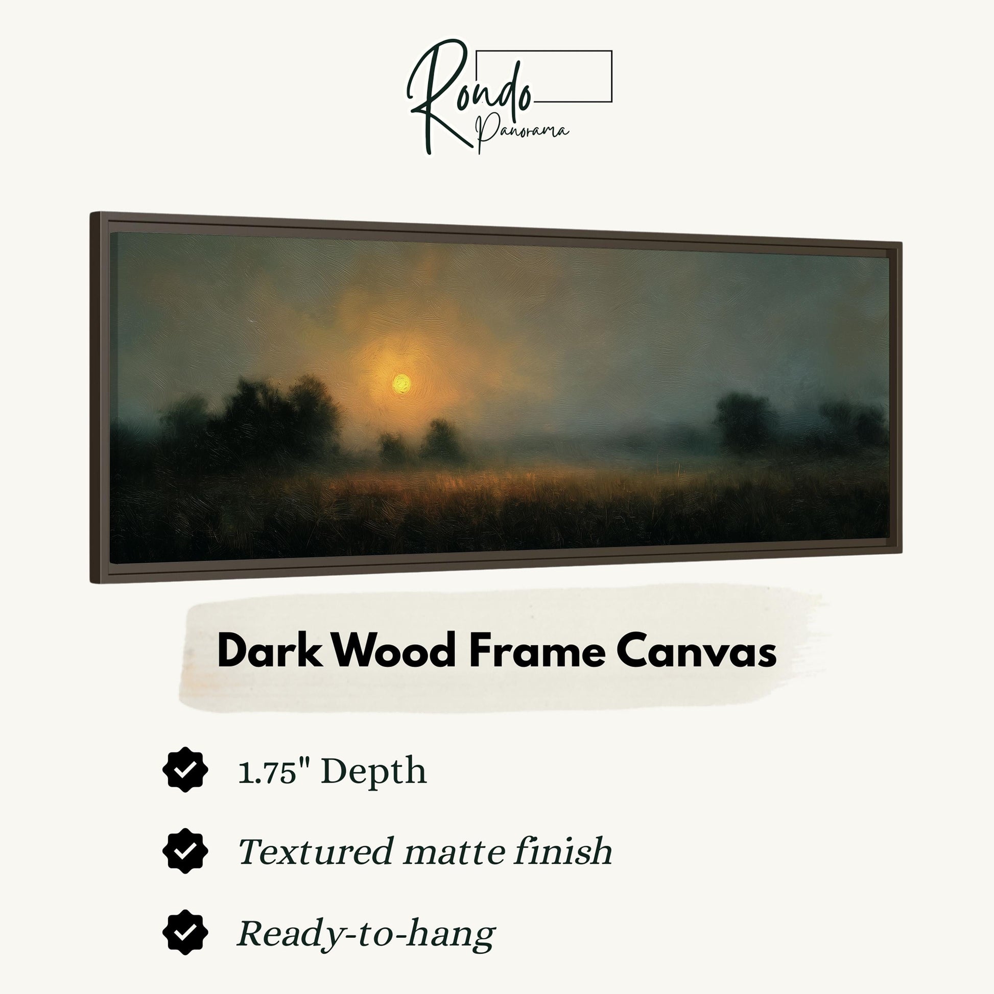The image is a dark wood frame canvas depicting a landscape with a sunrise or sunset over a field.