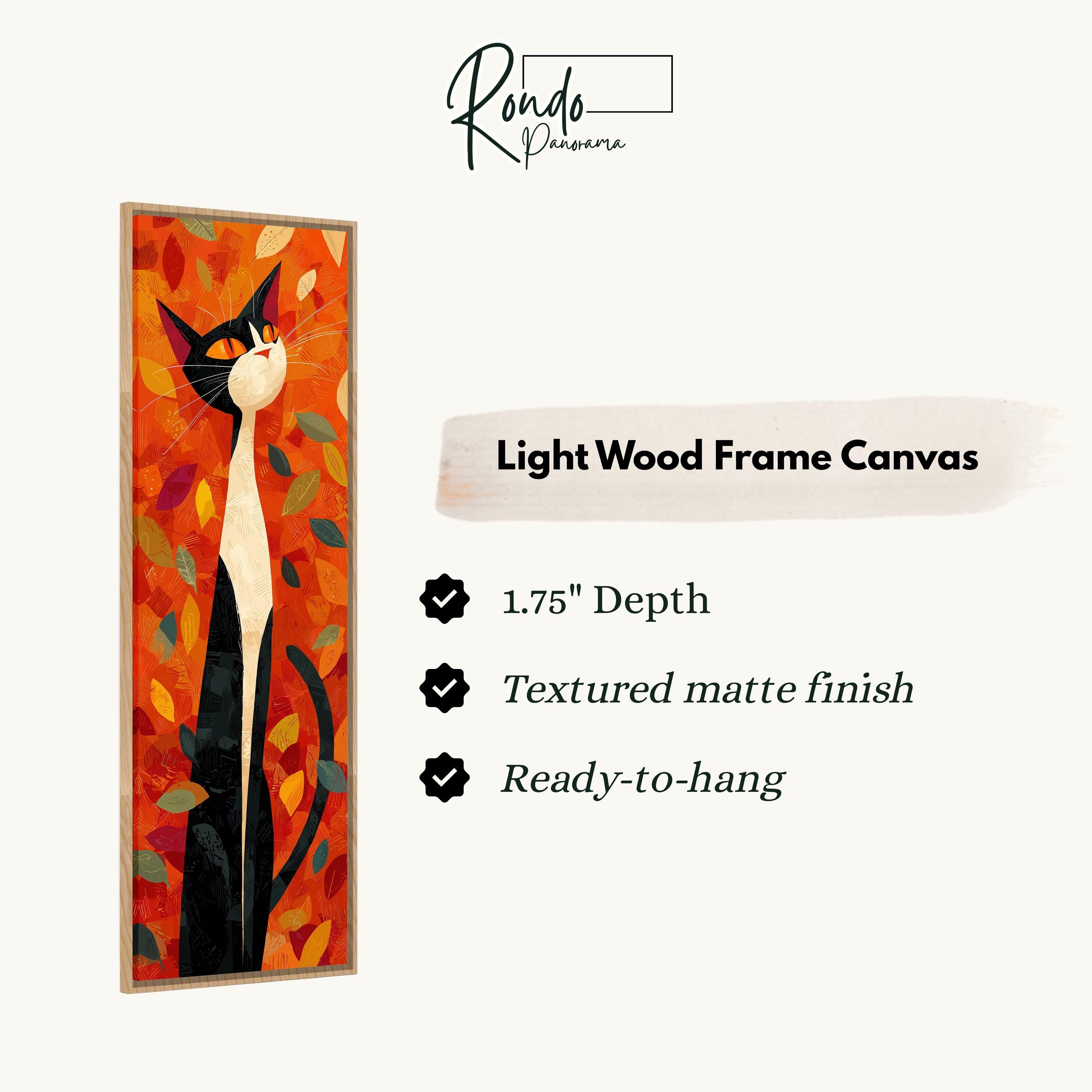 The image is a light wood frame canvas featuring a black and white cat with a vibrant, abstract background of orange and red leaves.