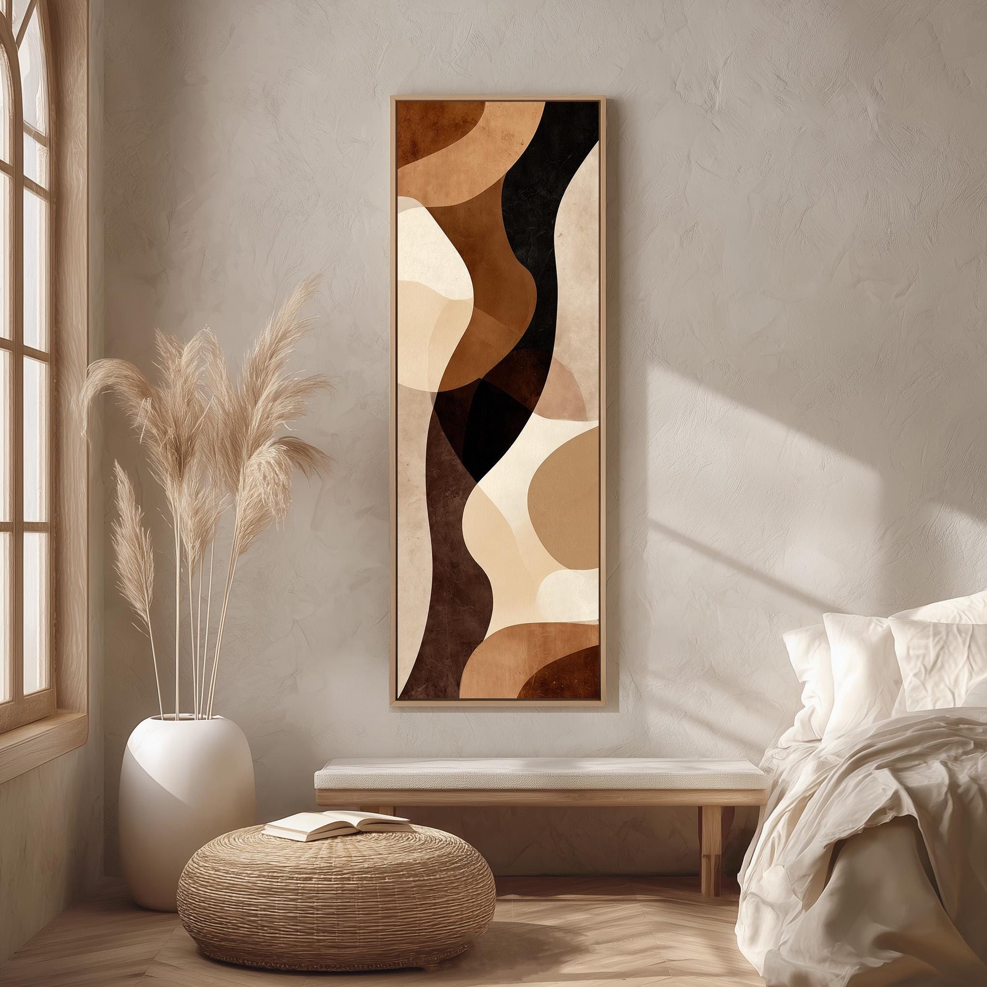 a minimalist bedroom setting with a large abstract painting hanging on the wall, a white bed with a white pillow, a white ottoman, and a potted plant.