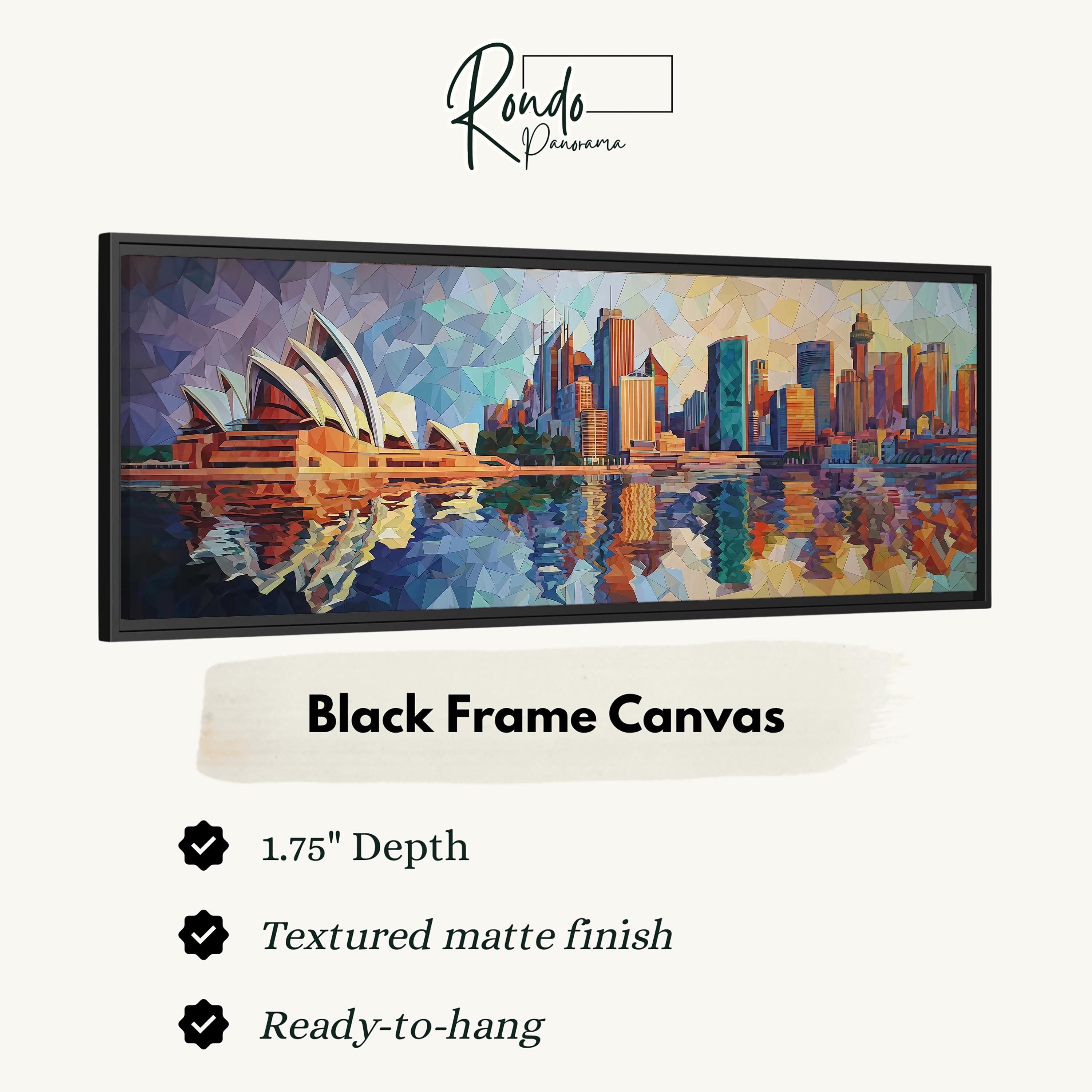 The image is a black frame canvas depicting the Sydney Opera House and the city skyline of Sydney, Australia.
