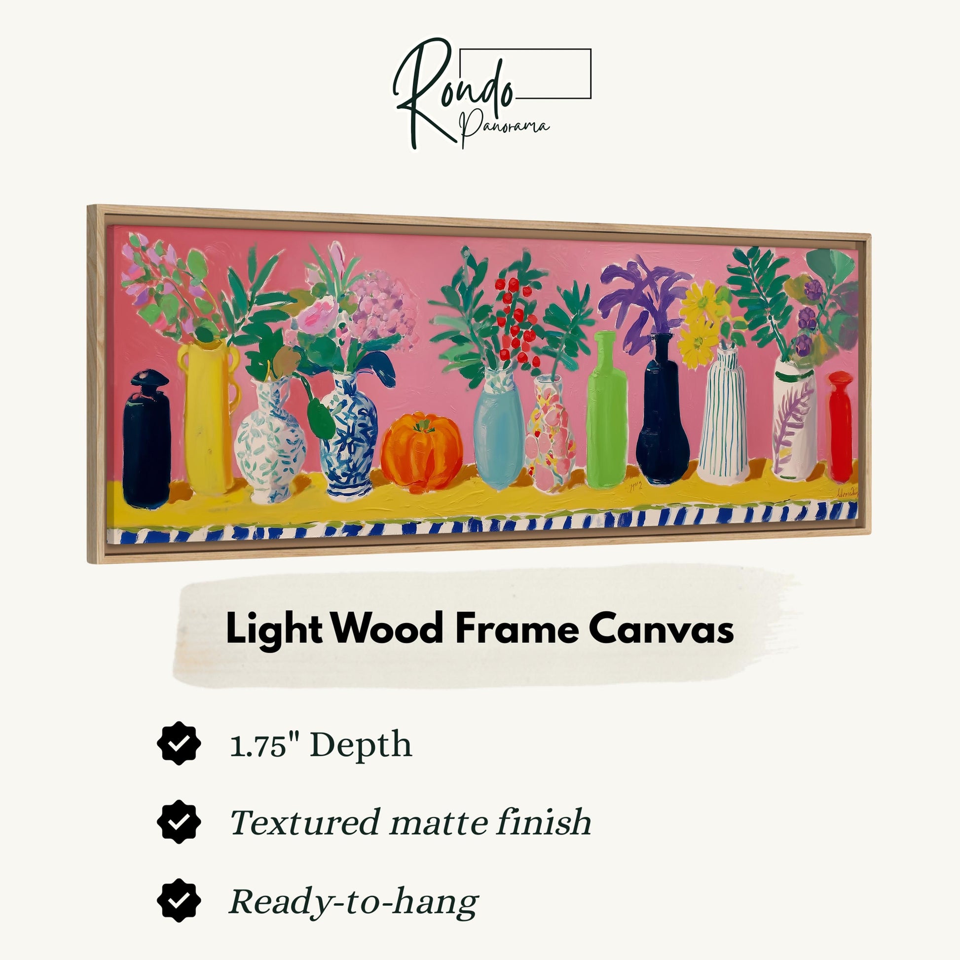 The image is a light wood frame canvas featuring a vibrant painting of various vases and flowers.