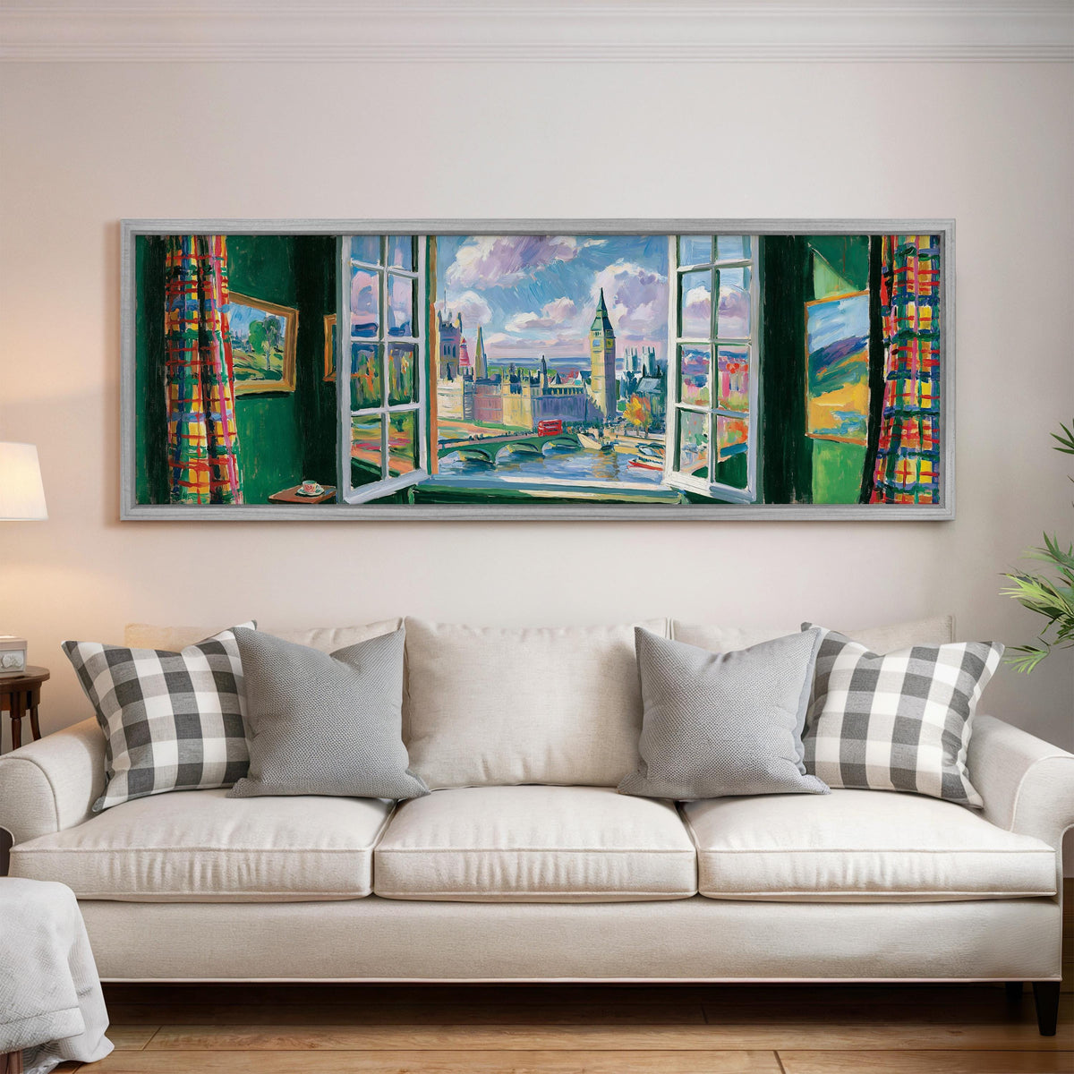 London and Big Ben through a green room window panoramic canvas print above a white sofa in a bright living room