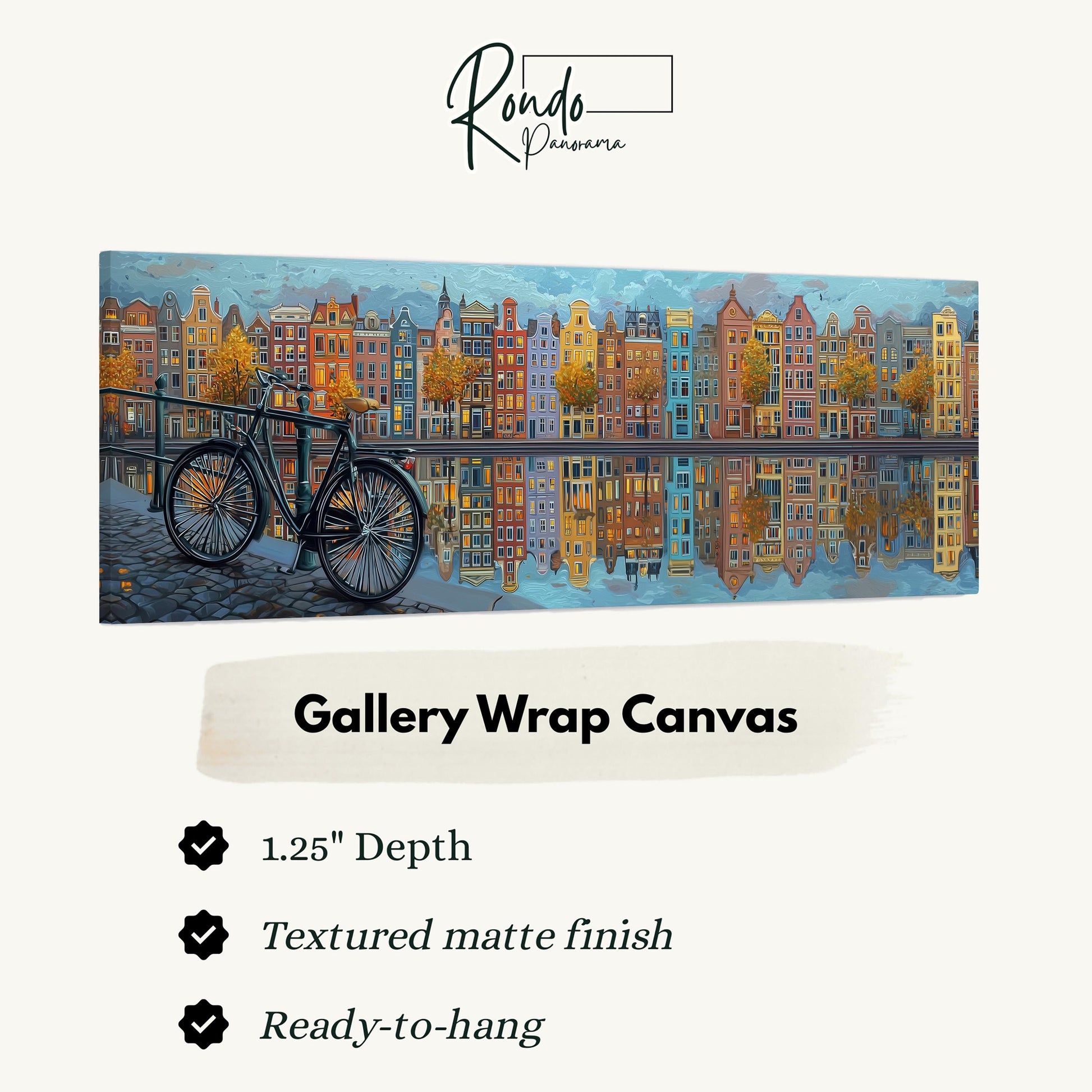 The image is a painting of a cityscape with a bicycle in the foreground, and the painting is titled "Gallery Wrap Canvas".