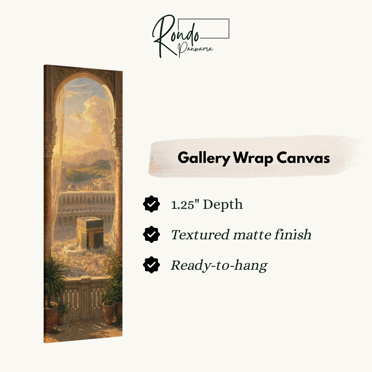 The Kaaba seen through a golden arch at sunset gallery wrap canvas with the image wrapped around the edges