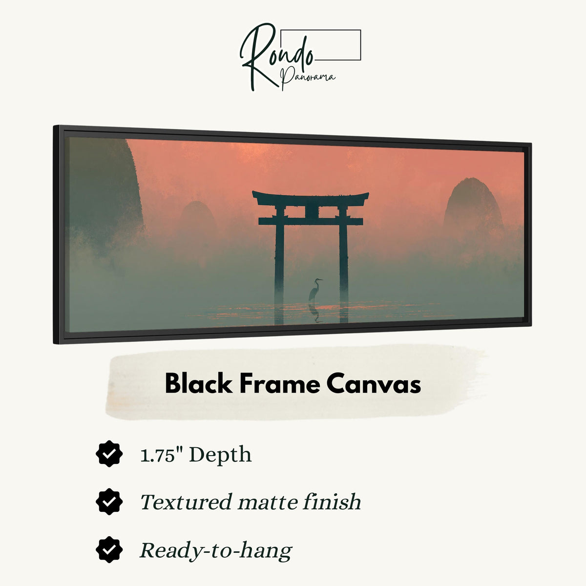 Torii gate and heron in pink mist canvas print in a black floating frame