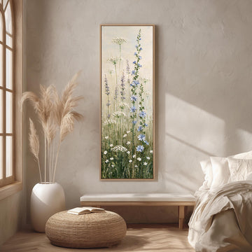 Chicory, lavender and Queen Anne's lace wildflowers long vertical canvas print in a sunlit living space