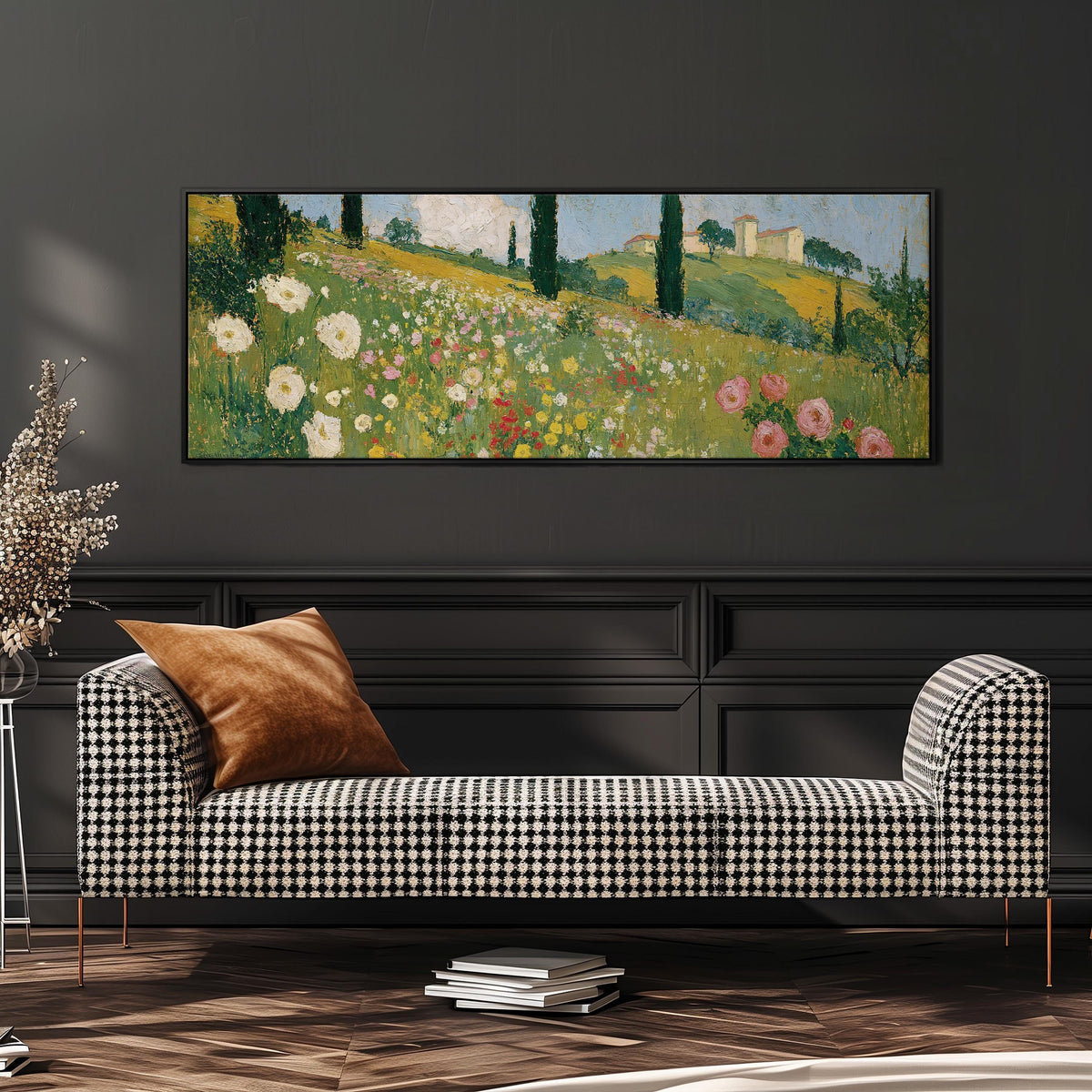 Tuscan wildflower hillside with cypress trees wide panoramic canvas print above a bench in a dark living room