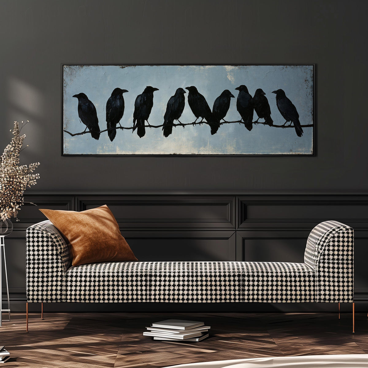 Crows gathered on a branch wide panoramic canvas print above a bench in a dark living room
