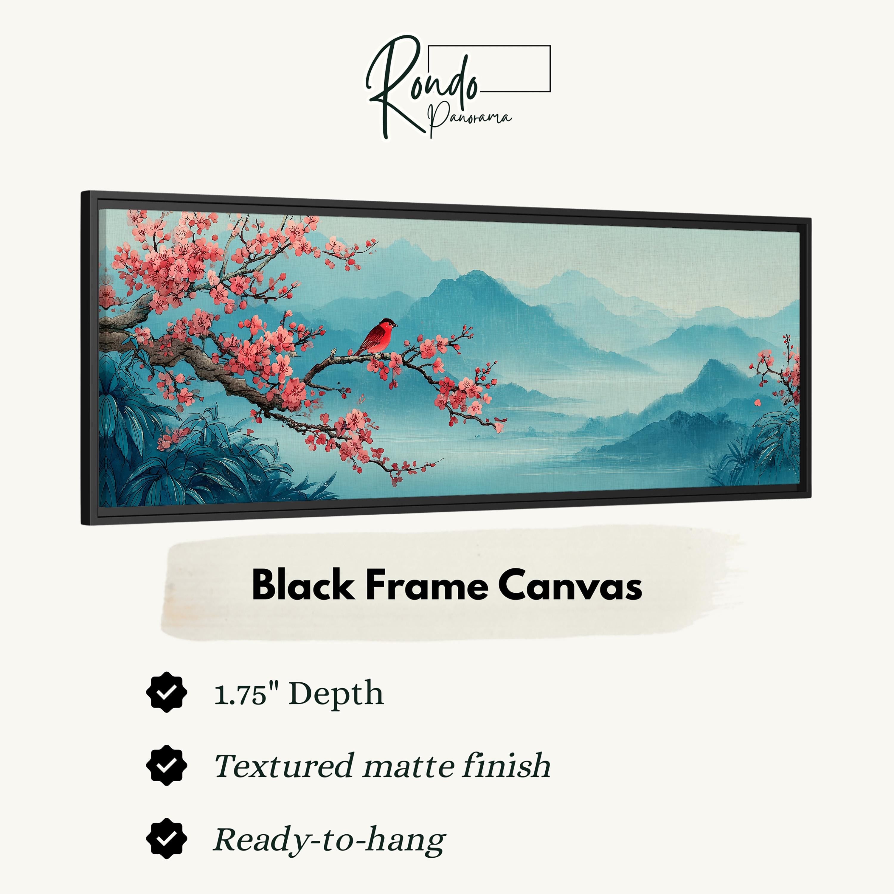 The image is a black frame canvas depicting a serene landscape with a bird perched on a branch and pink flowers blooming on a tree.