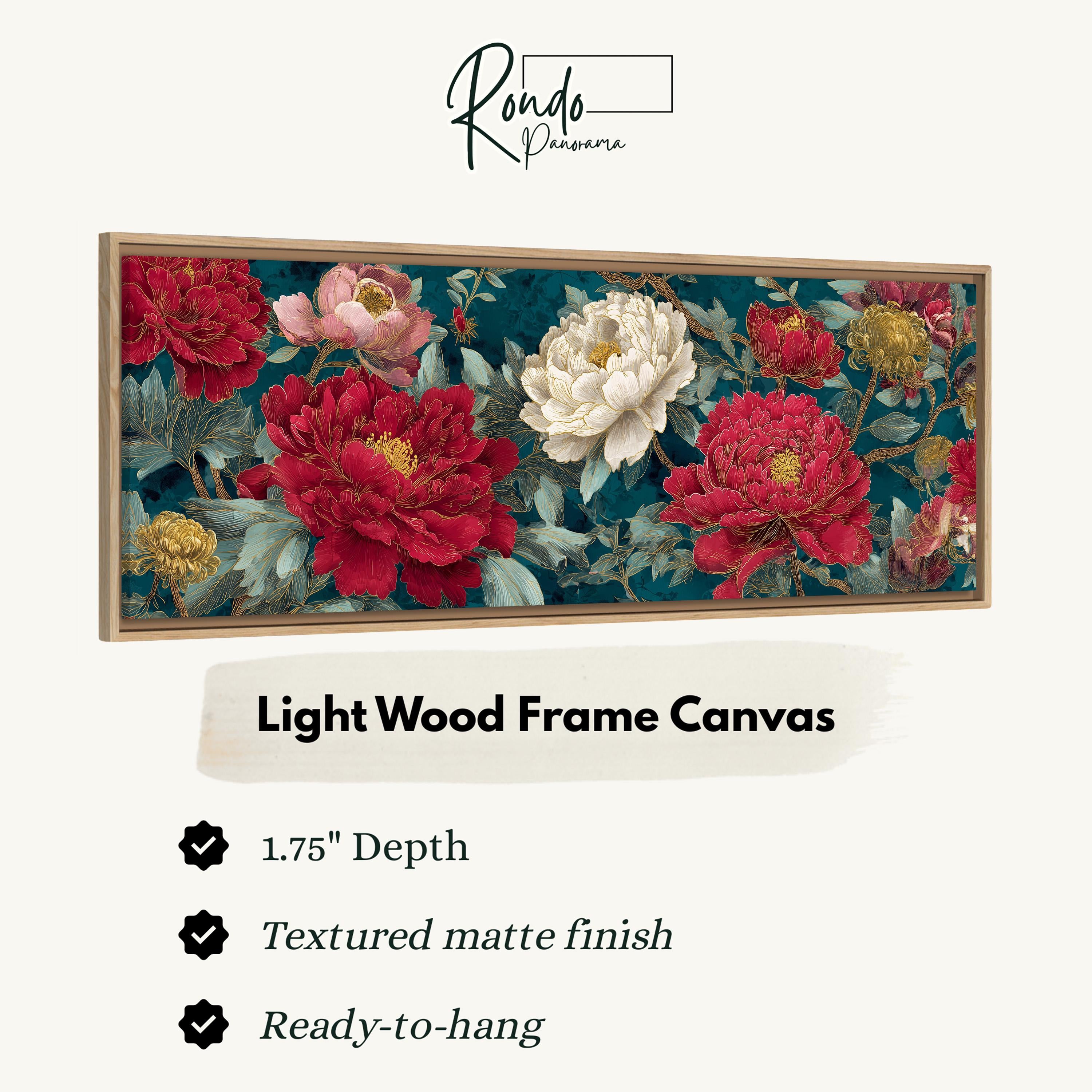 The image is a framed artwork depicting a floral design with red and white flowers against a dark blue background.