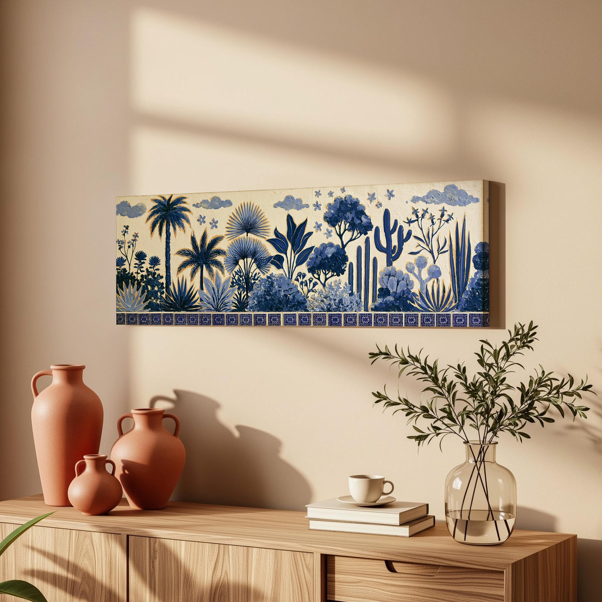 Blue palms, cacti and flowers pattern long horizontal canvas print above a wooden sideboard
