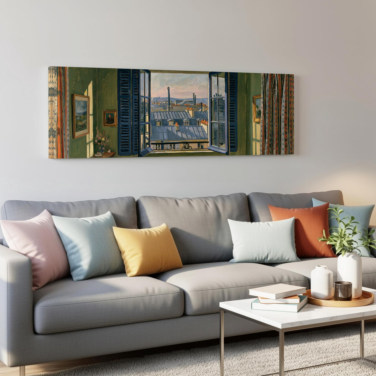 Paris zinc rooftops seen through a green room window panoramic canvas print above a grey sofa in a living room