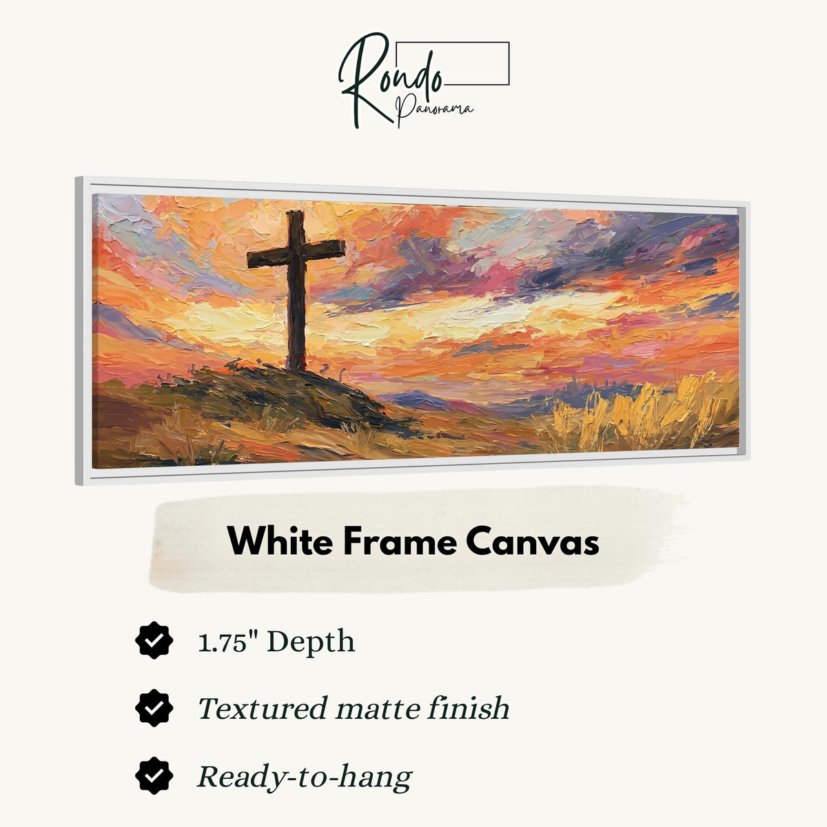 Cross on a hill at sunset canvas print in a white floating frame