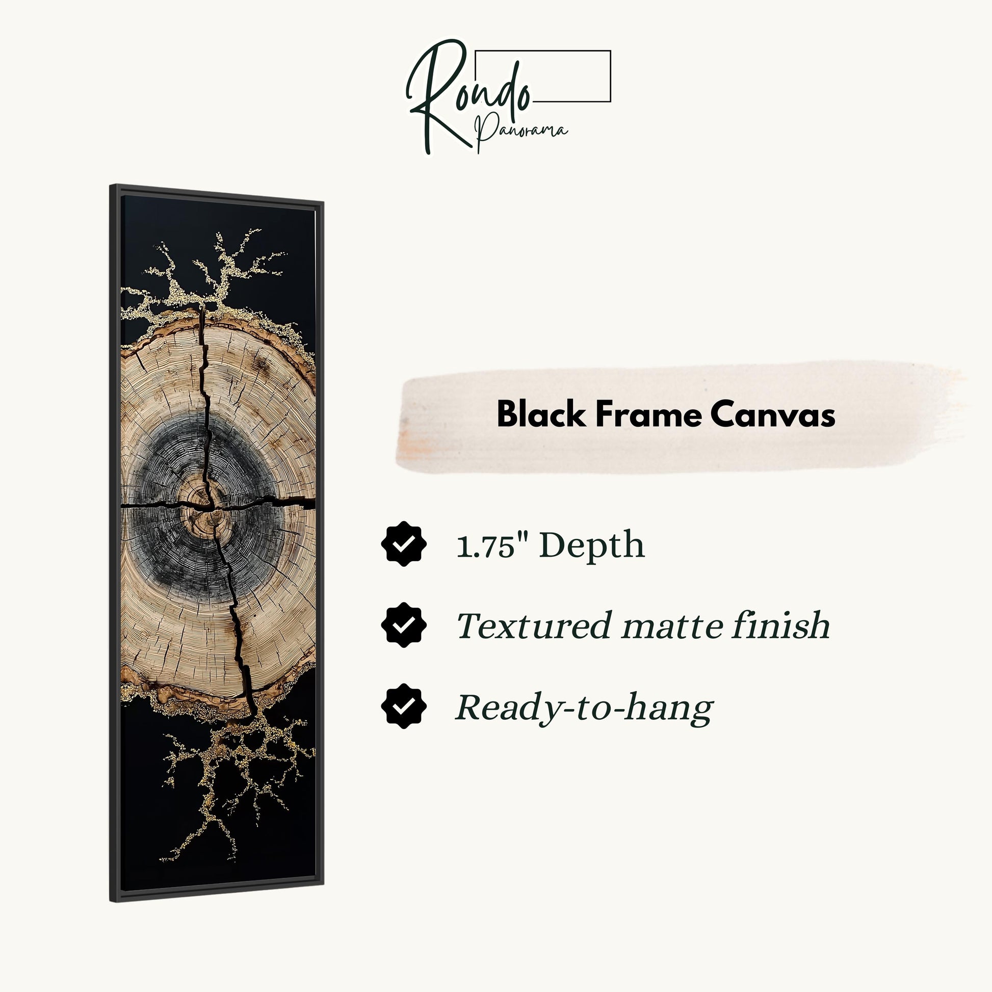 The image is a black frame canvas with a tree trunk design and a textured matte finish.