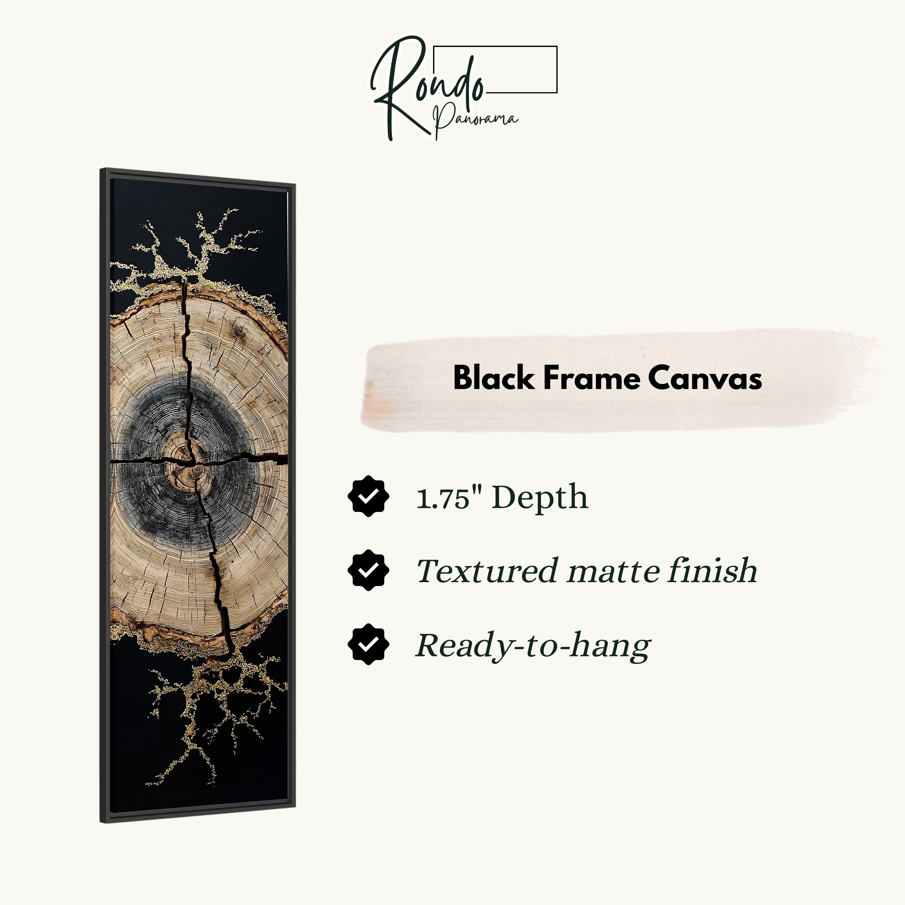 The image is a black frame canvas with a tree trunk design and a textured matte finish.