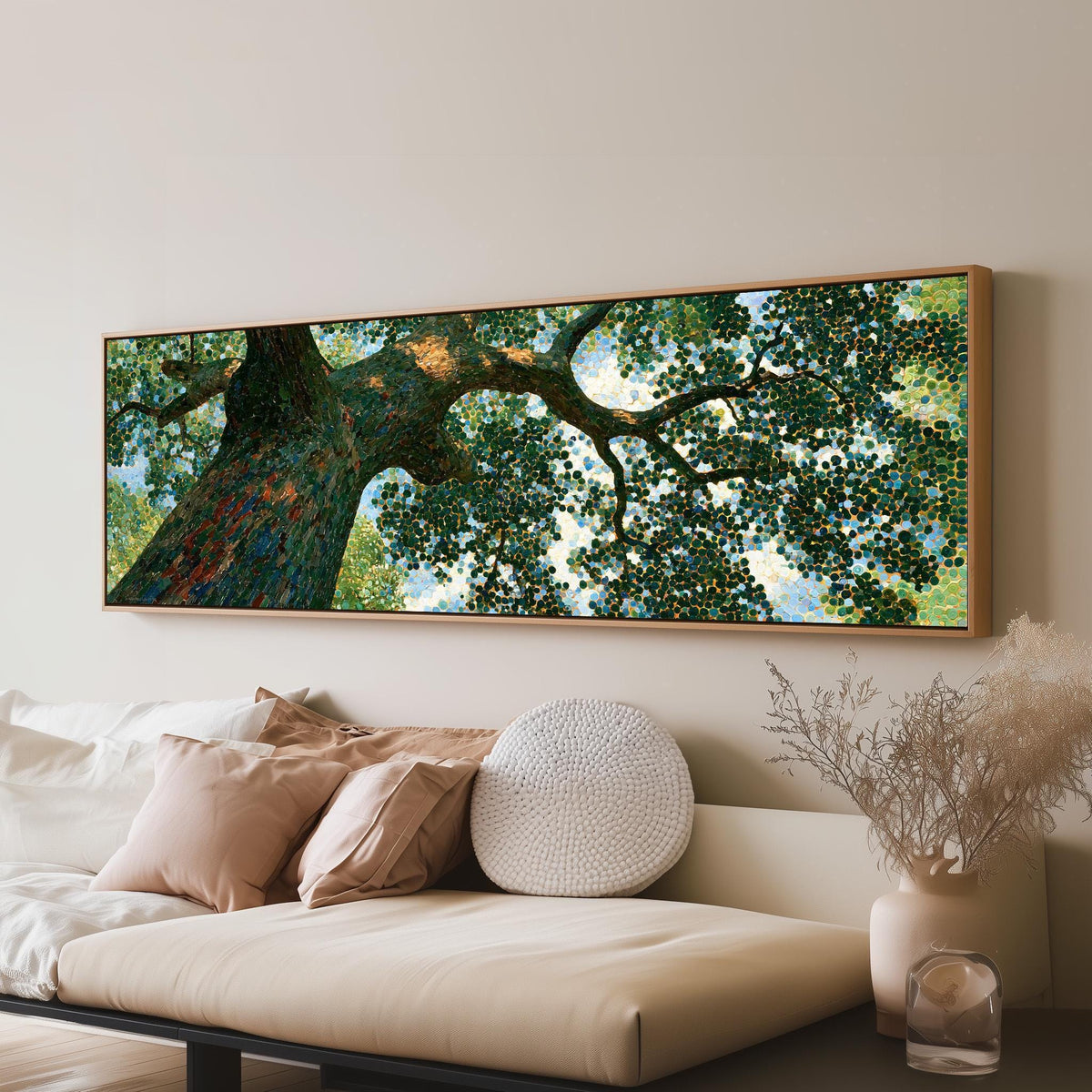 Looking up into an oak canopy long horizontal canvas print above a sofa in a living room