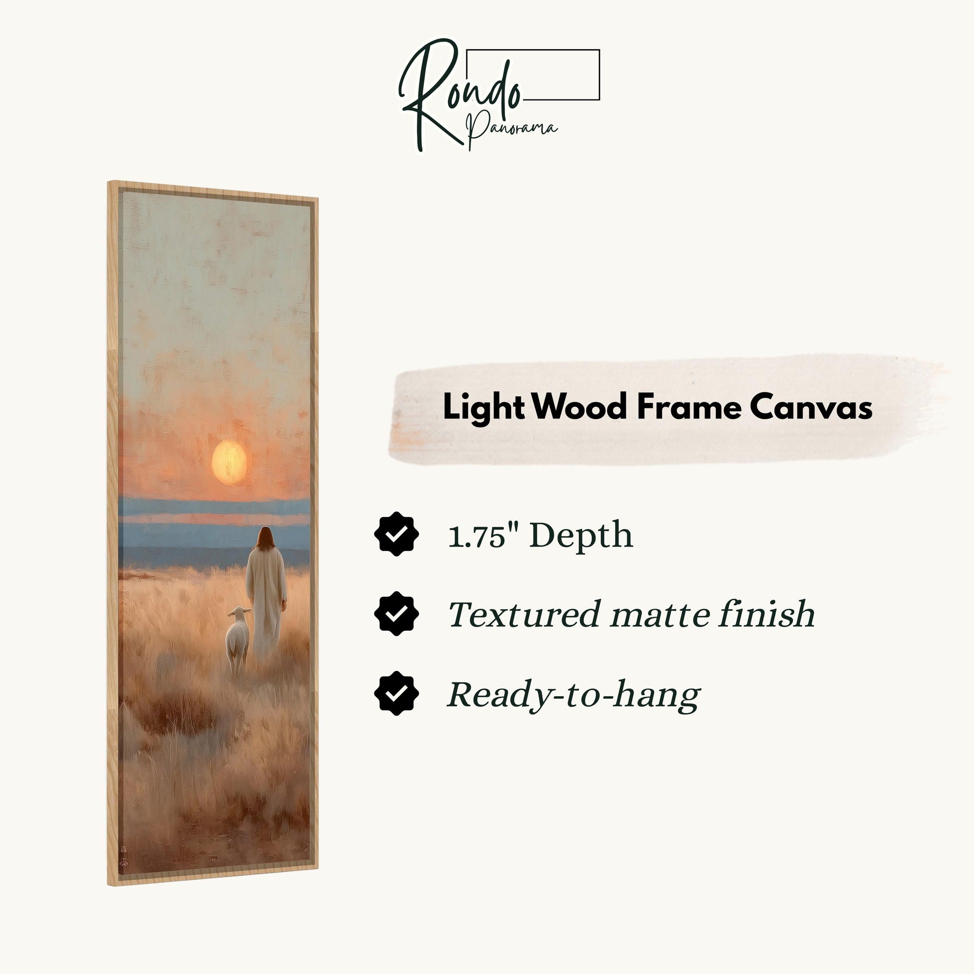 The image is a rectangular frame canvas depicting a serene landscape with a person and a dog walking in a field.