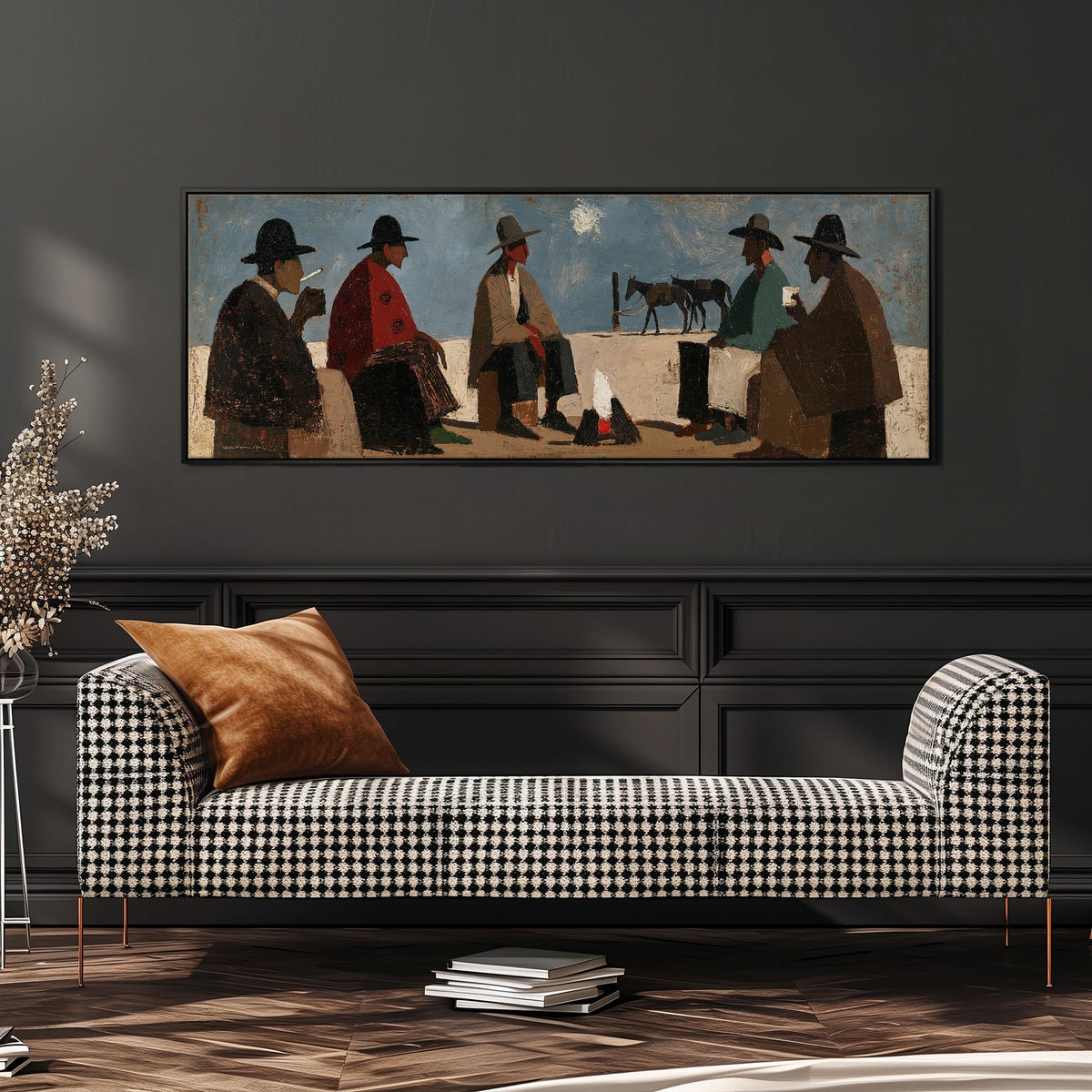 Cowboys gathered around a campfire wide panoramic canvas print above a bench in a dark living room
