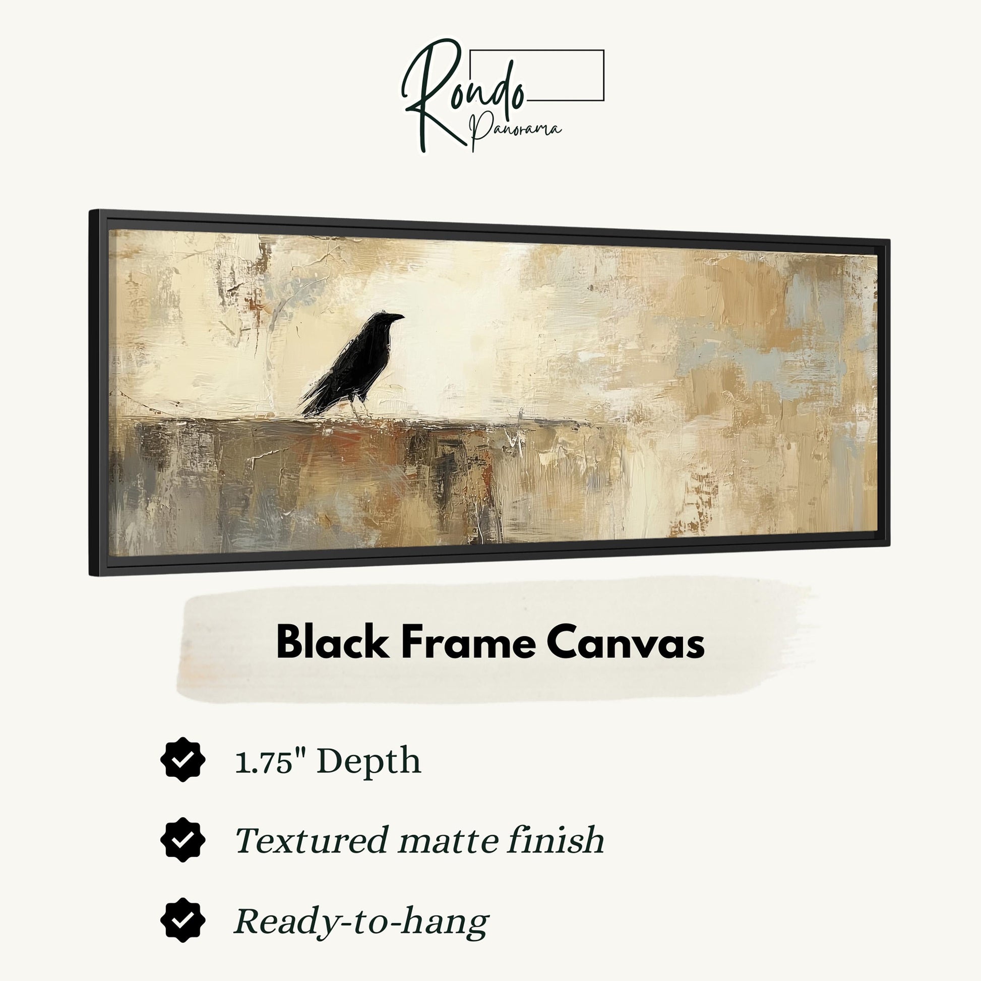 The image is a framed canvas depicting a black bird perched on a rock.