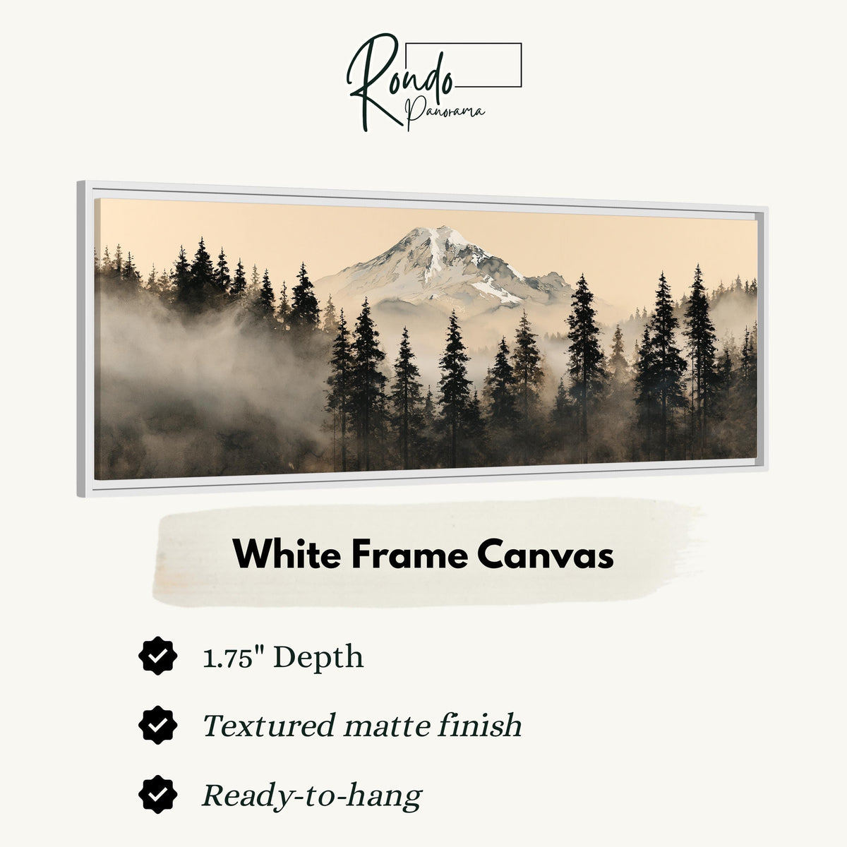 Foggy pine forest below a snowy mountain canvas print in a white floating frame