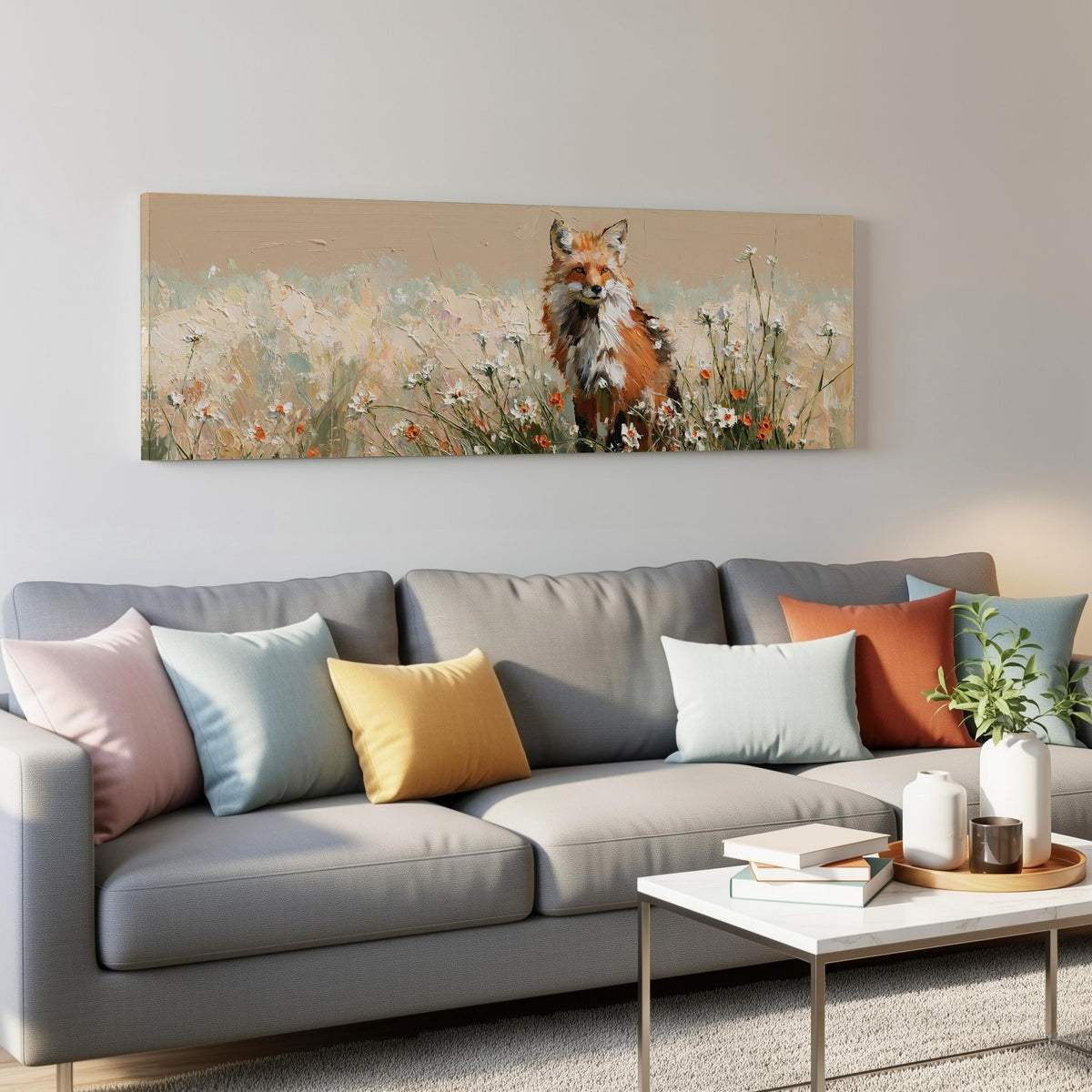 Red fox sitting among white wildflowers panoramic canvas print above a grey sofa in a living room