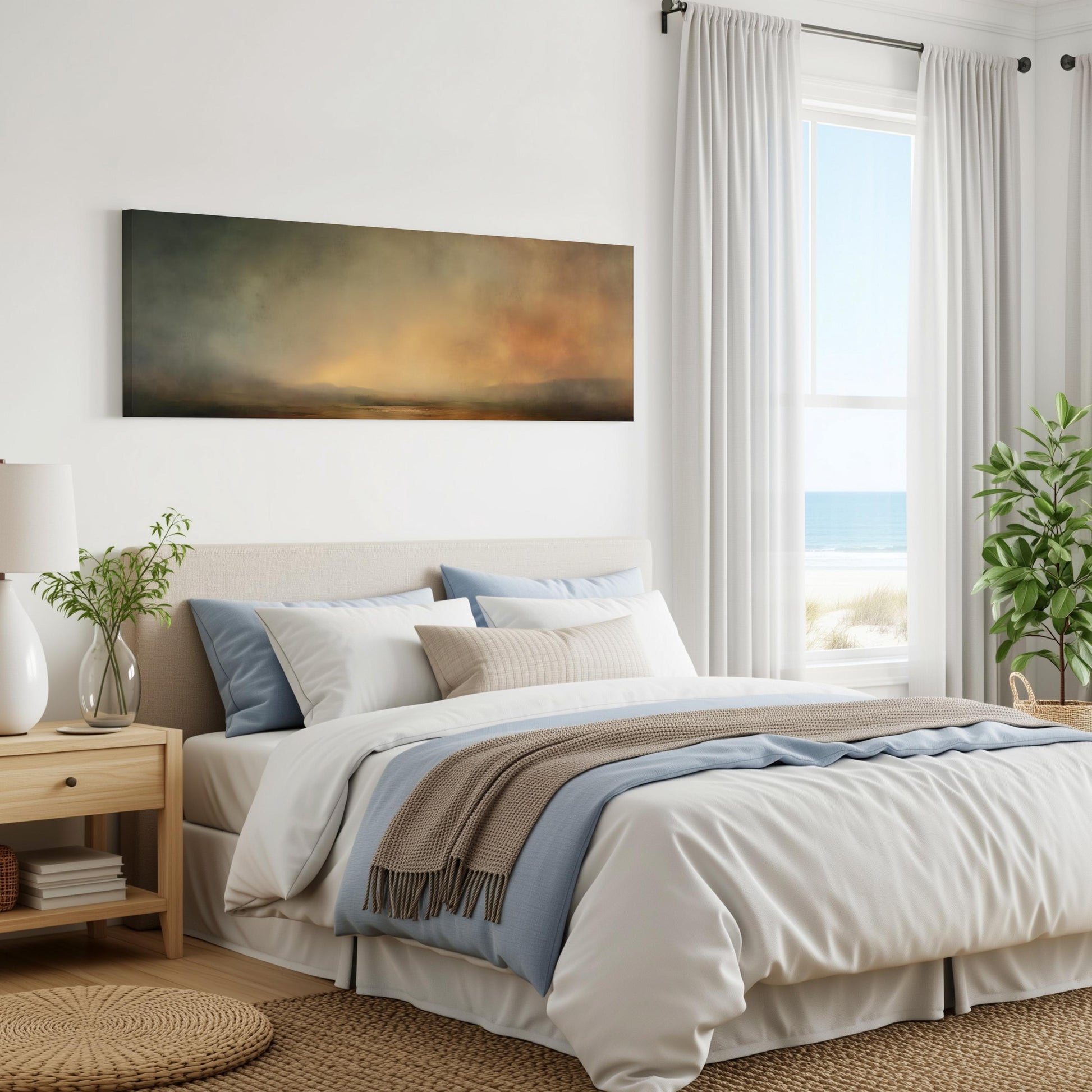 a serene bedroom with a large bed, a nightstand, and a painting on the wall. The room has a calming color palette, with white walls, a beige bedspread, and a blue throw blanket. The painting on the wall features a landscape scene with a sunset over the ocean.